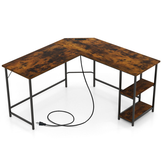 L Shaped Computer Desk With 2 Outlets And 2 Usb Ports-Brown