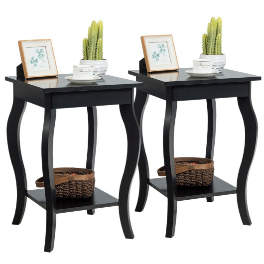 Set Of 2 Side Table End Table Night Stand With Shelf-Black