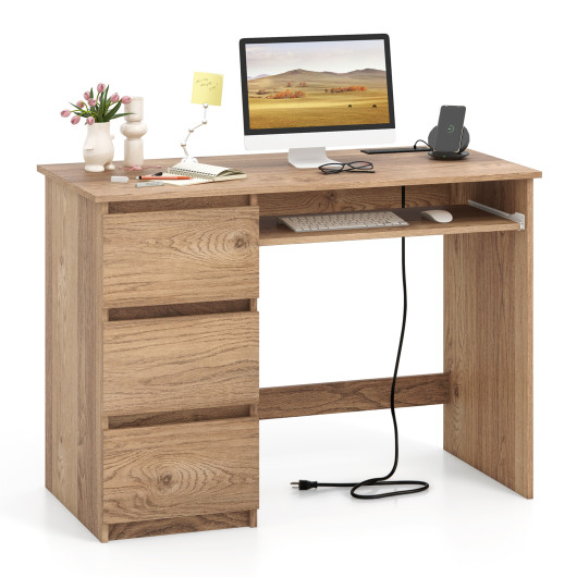 Computer Desk With Power Outlet Keyboard Tray And 3 Large Drawers-Natural