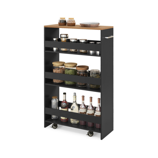 4-Tier Rolling Storage Cart Slim Kitchen Cart On Wheels With Open Shelves And Handle-Black