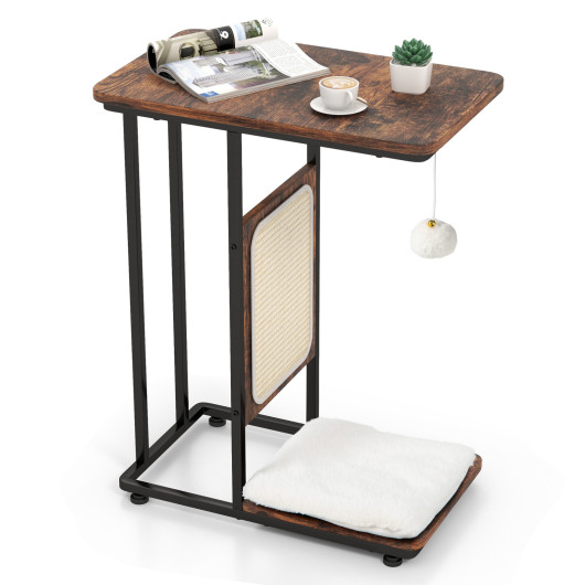 C- Shaped Cat Side Table Cat Tree With Scratching Board-Rustic Brown