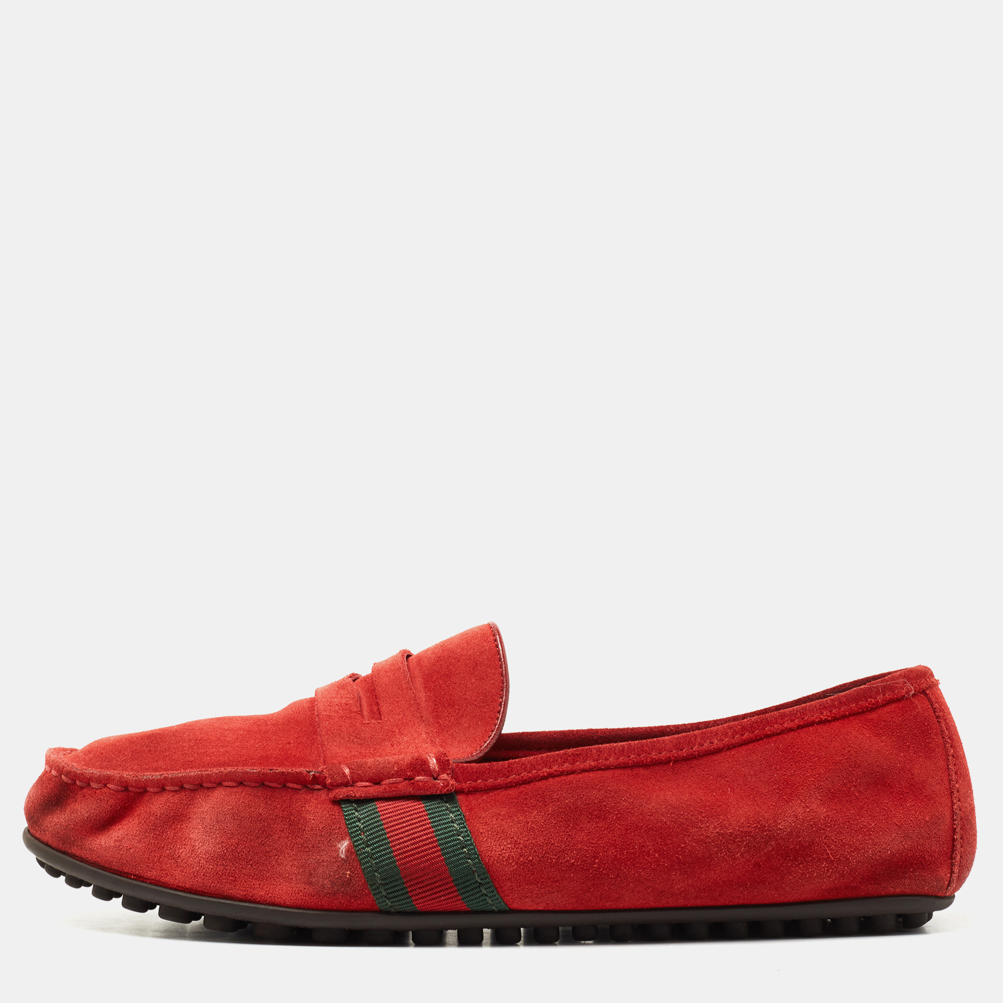 Gucci Red Suede Web Trim Penny Loafers Size 40.5