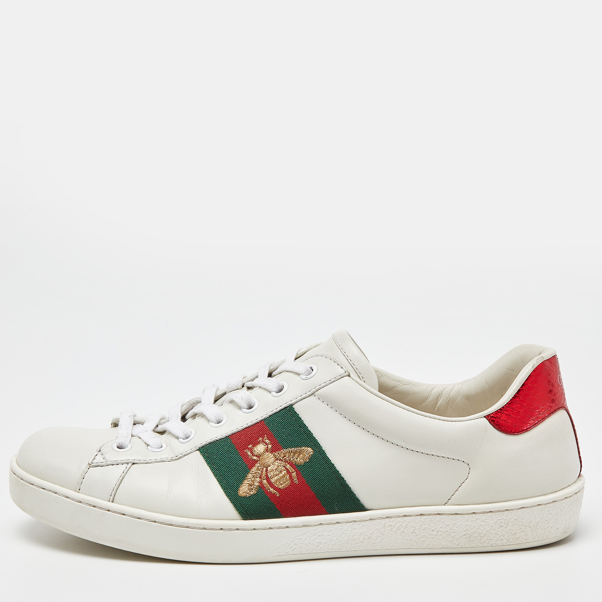 gucci white leather embroidered bee web ace low-top sneakers size 42