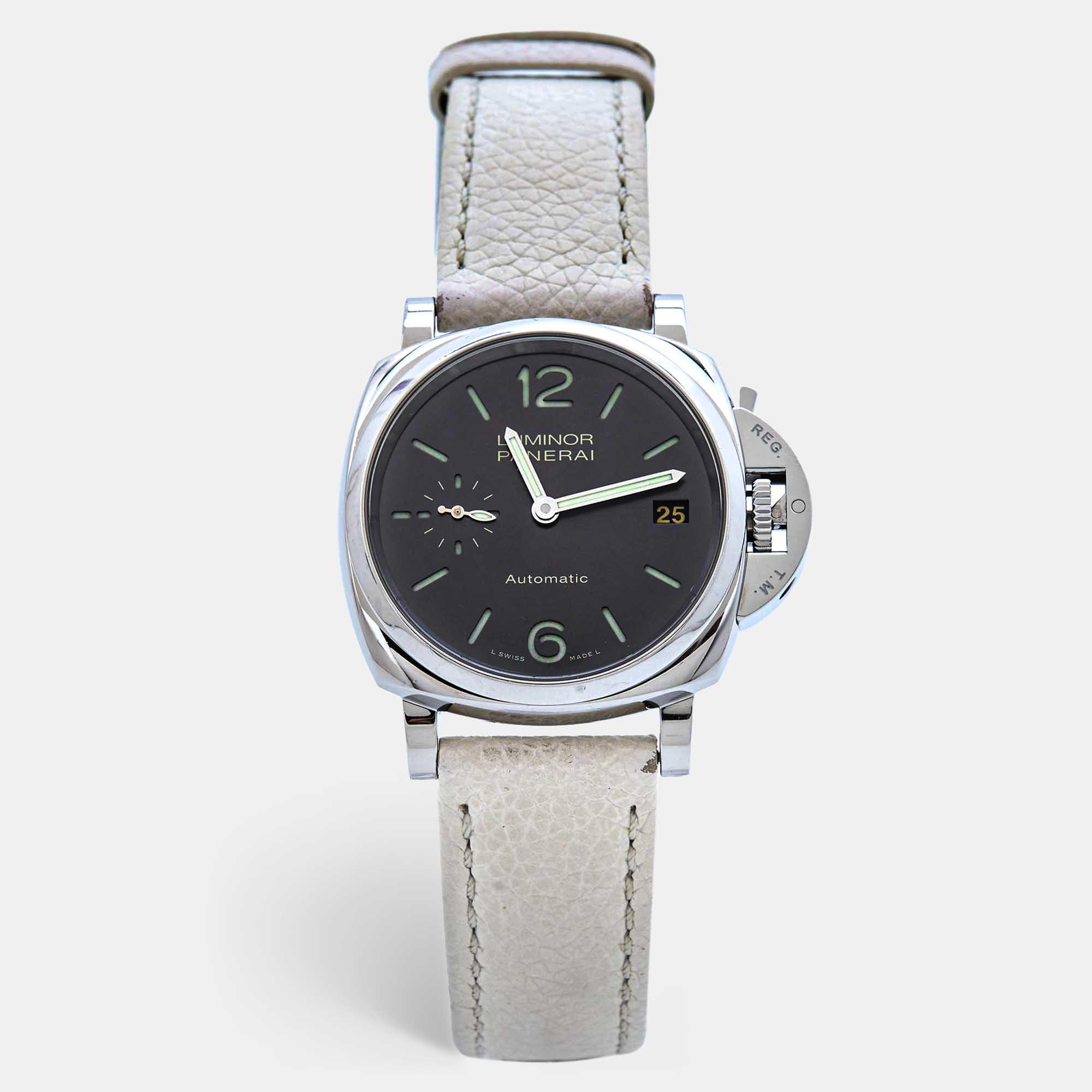 panerai slate grey stainless steel calf skin leather luminor due pam00755 unisex wristwatch 38 mm