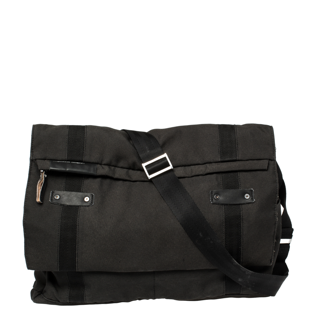 porsche design black/grey nylon p2000 flap messenger bag