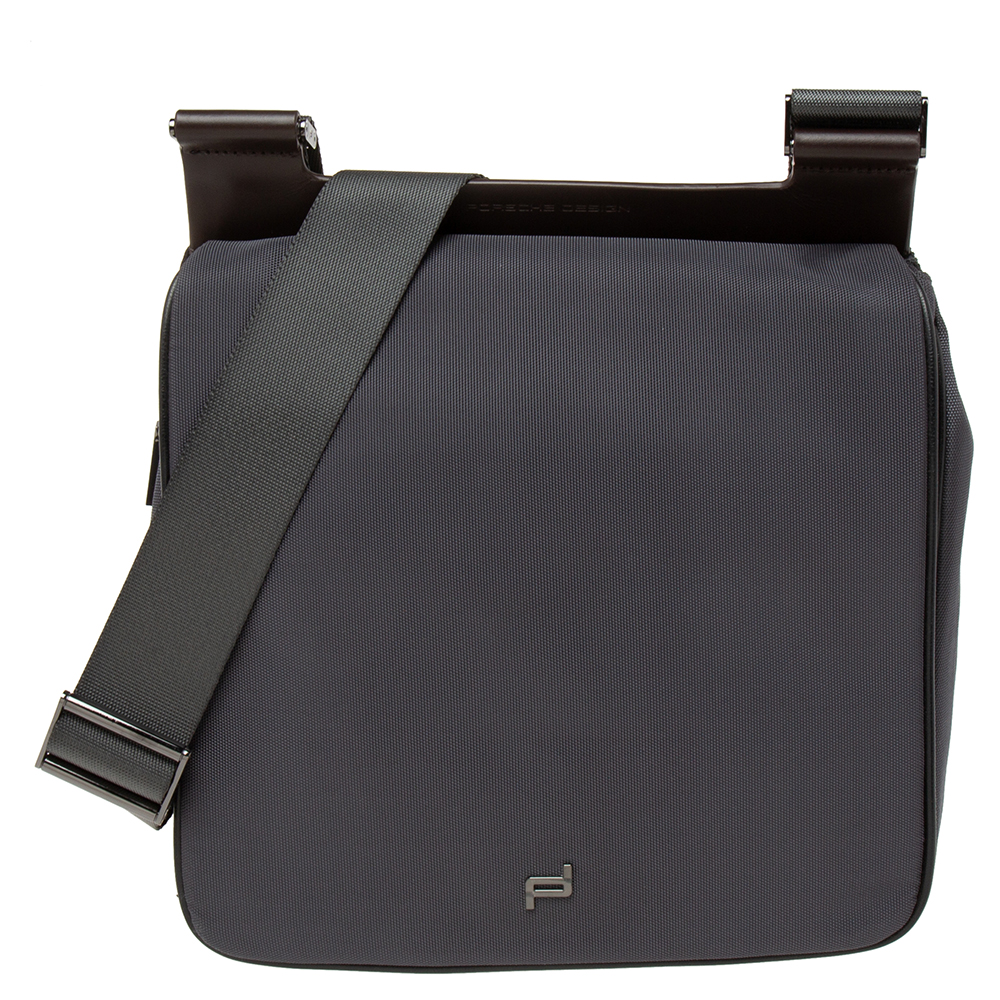 porche design dark grey nylon flap messenger bag