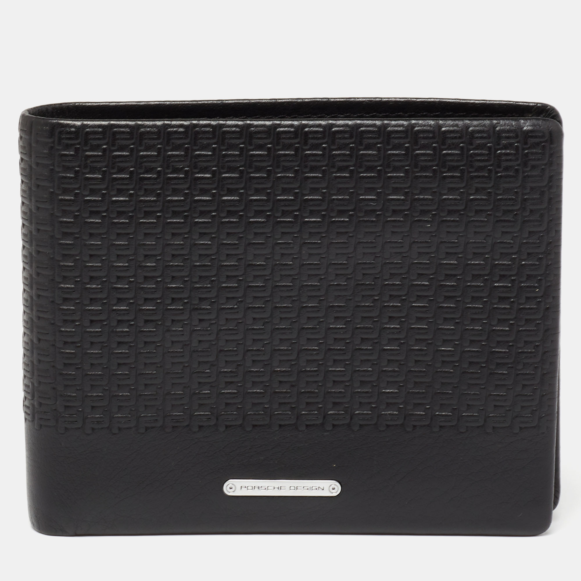 porsche design black logo embossed leather bifold wallet