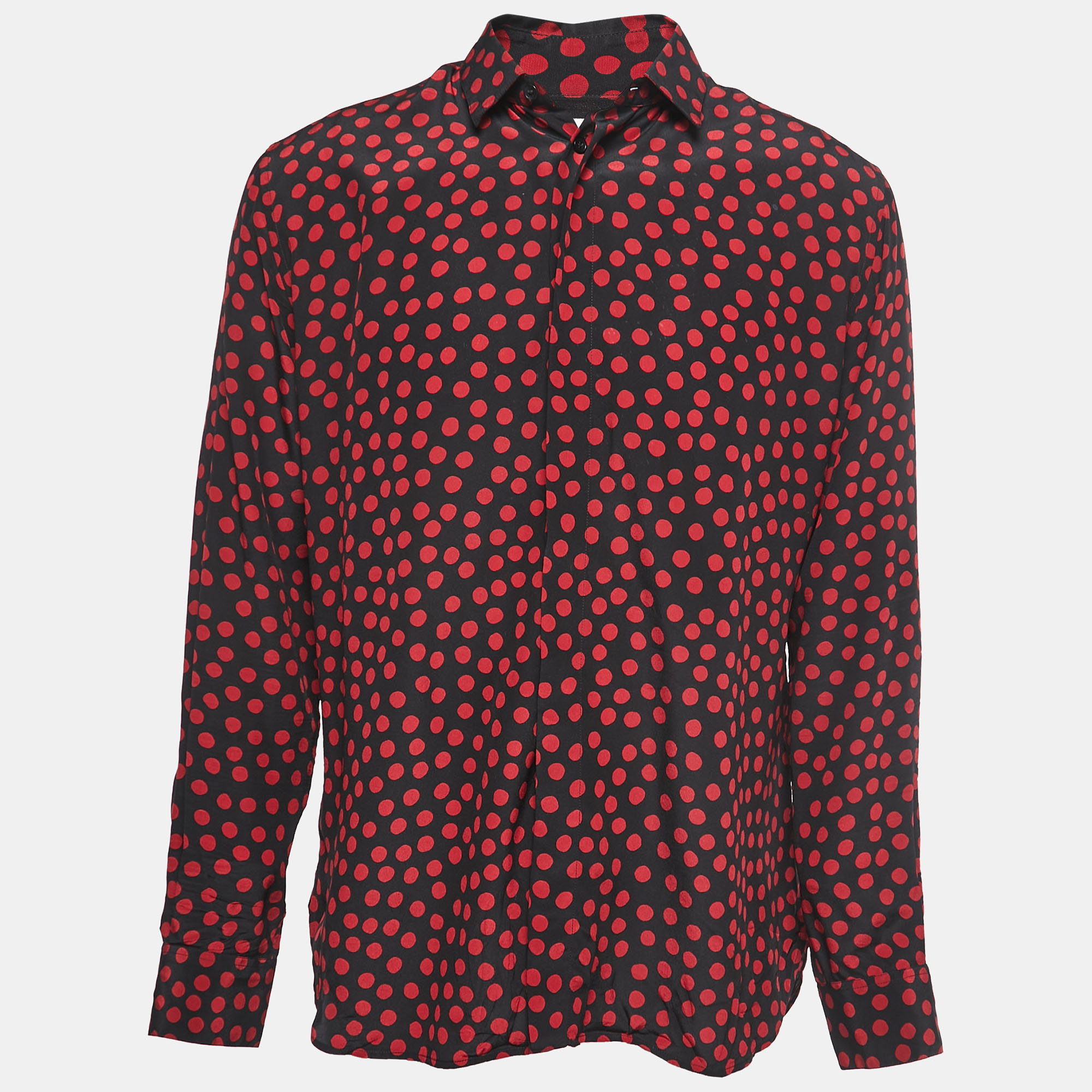 saint laurent paris black/red polka dot print silk button front full sleeve shirt m