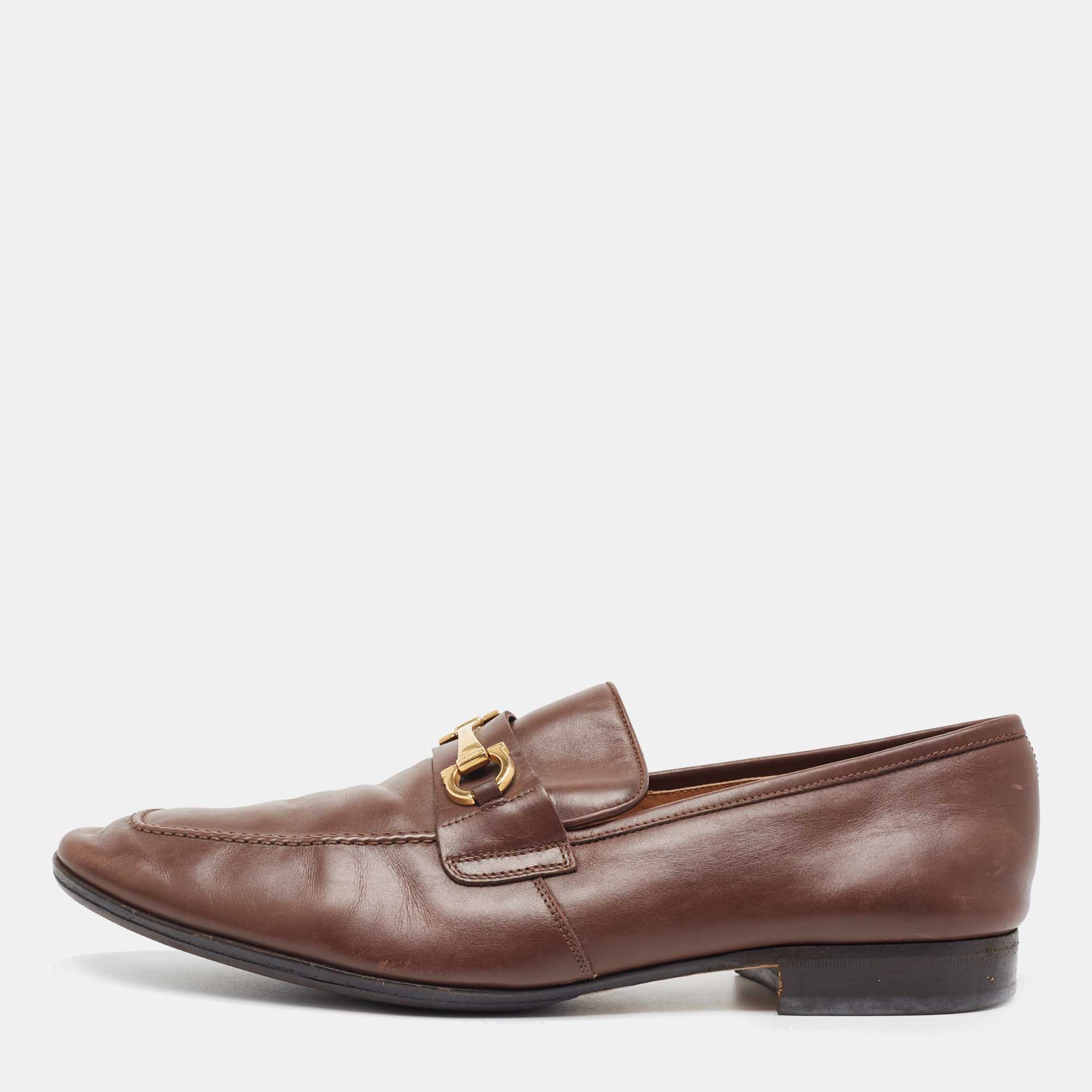 Salvatore Ferragamo Brown Leather Horsebit Slip On Loafers Size 45