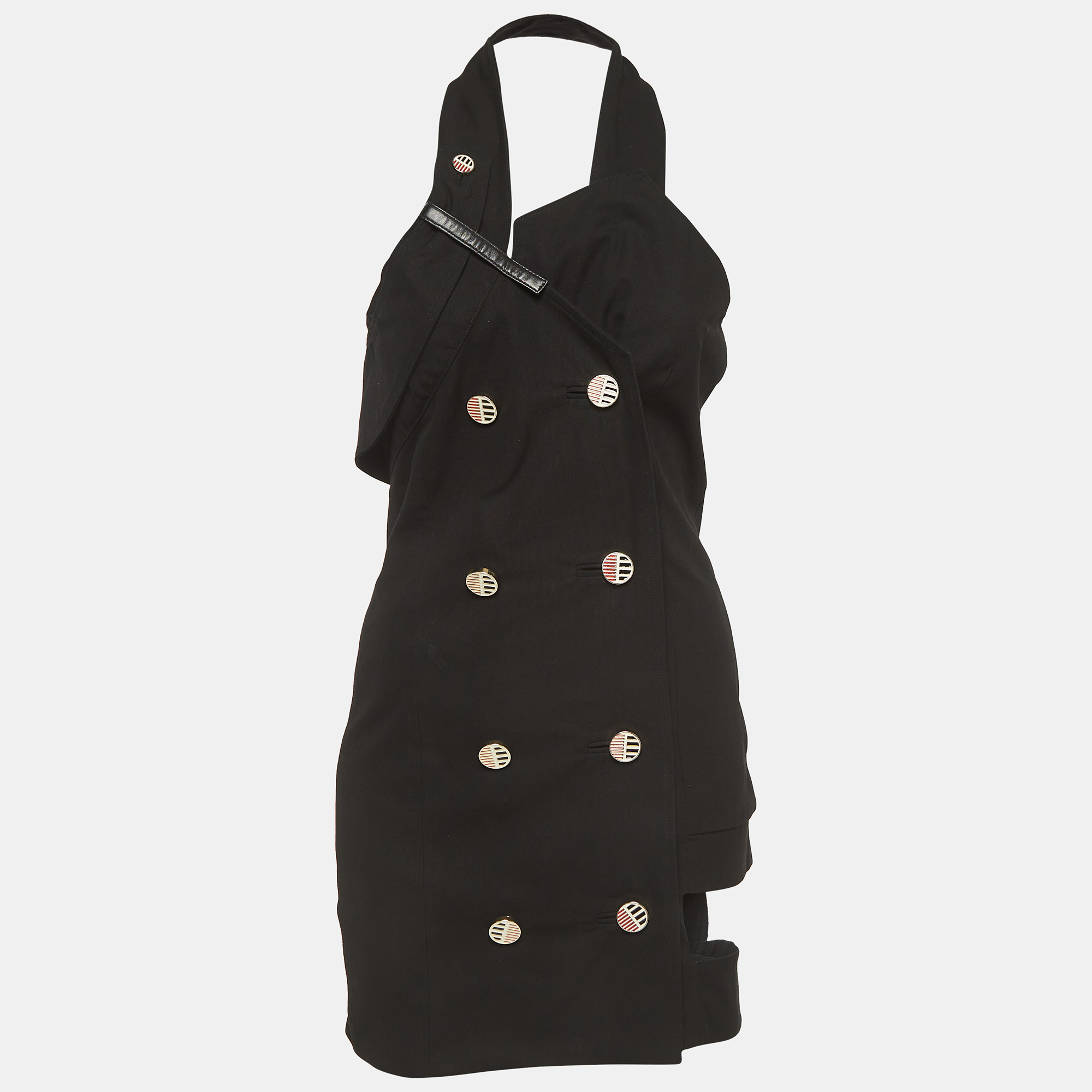 anthony vaccarello black cotton halter neck button detail mini dress s