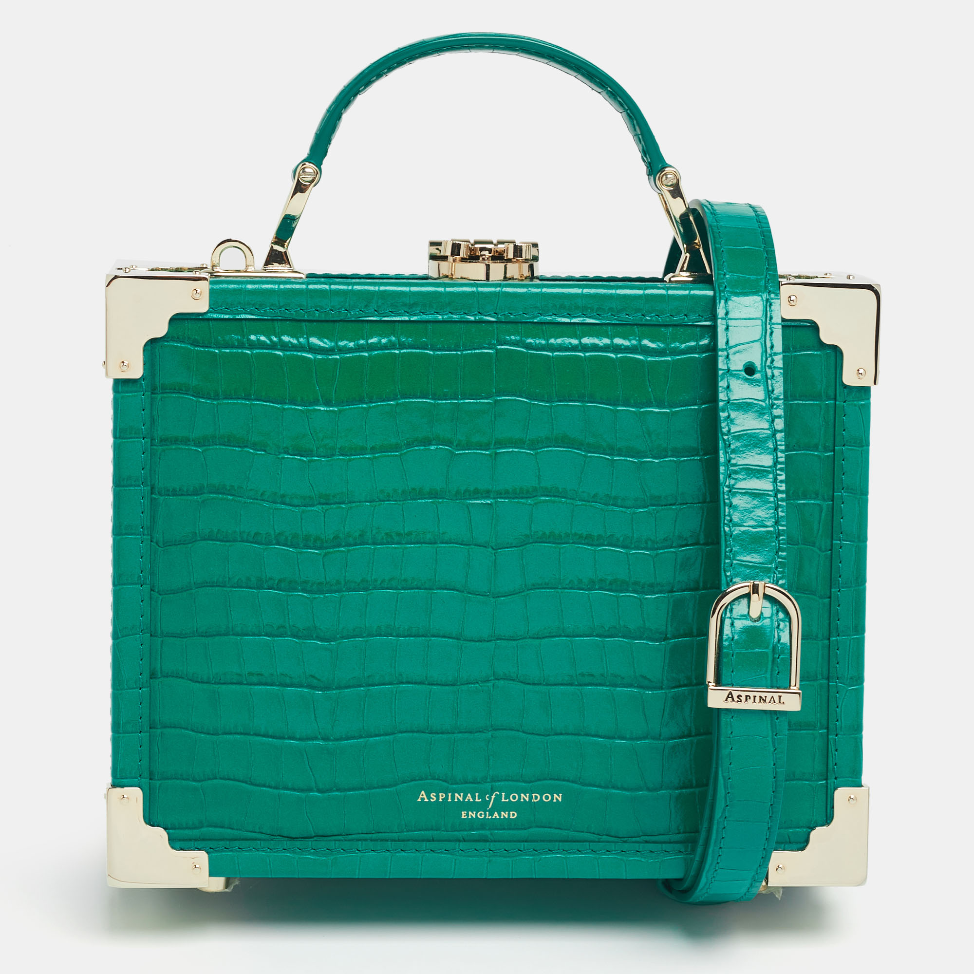 aspinal of london green croc embossed leather trunk top handle bag