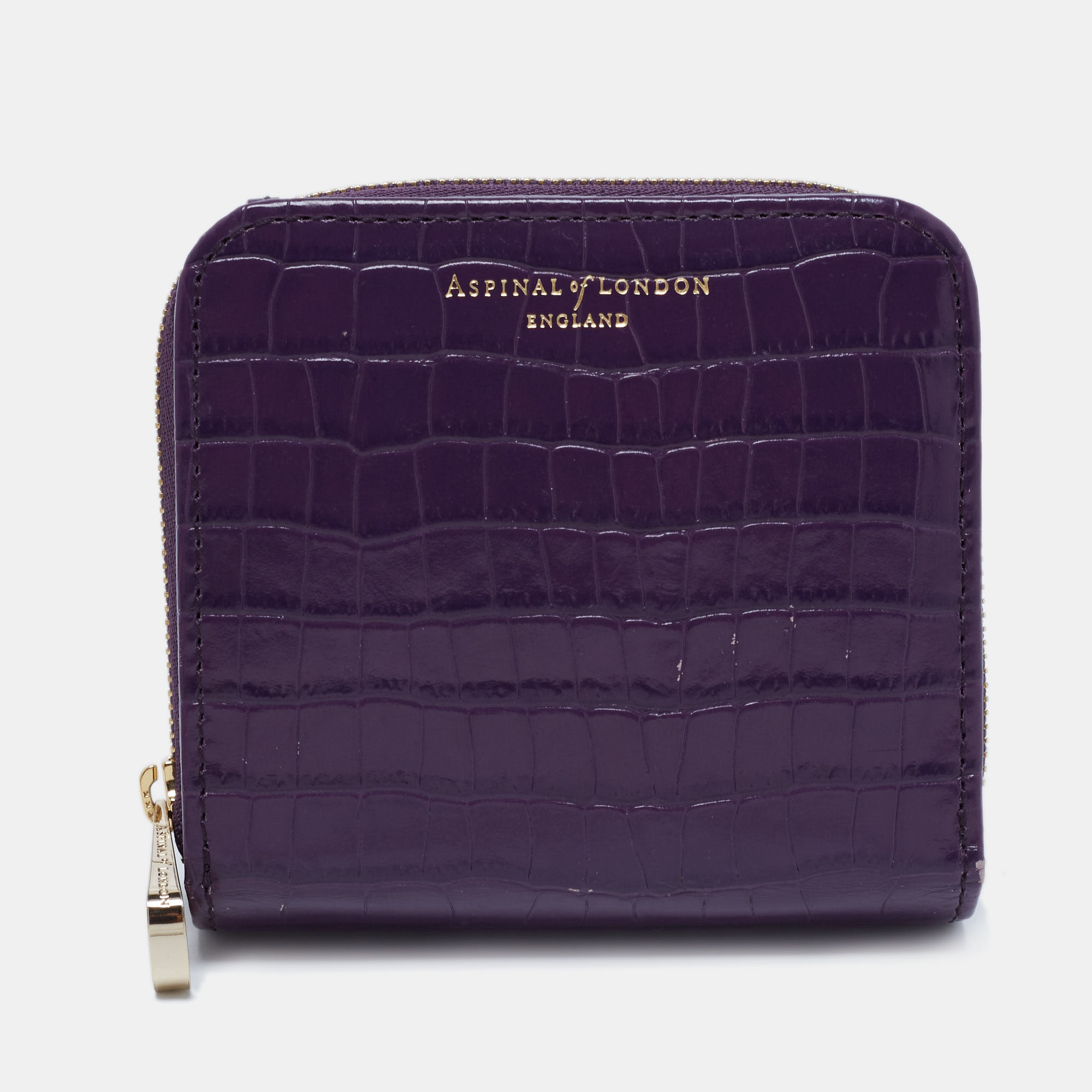 aspinal of london purple croc embossed leather zip around compact wallet