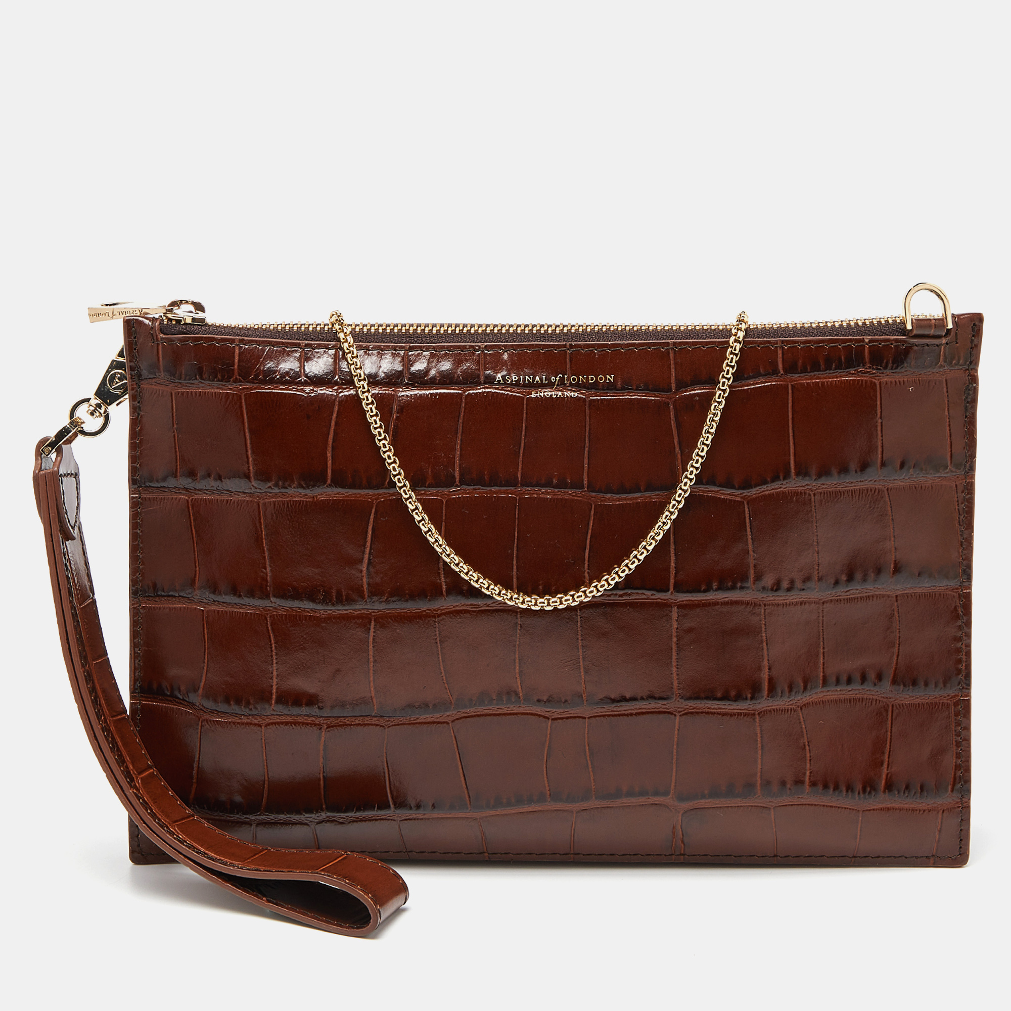 aspinal of london brown croc embossed leather soho clutch