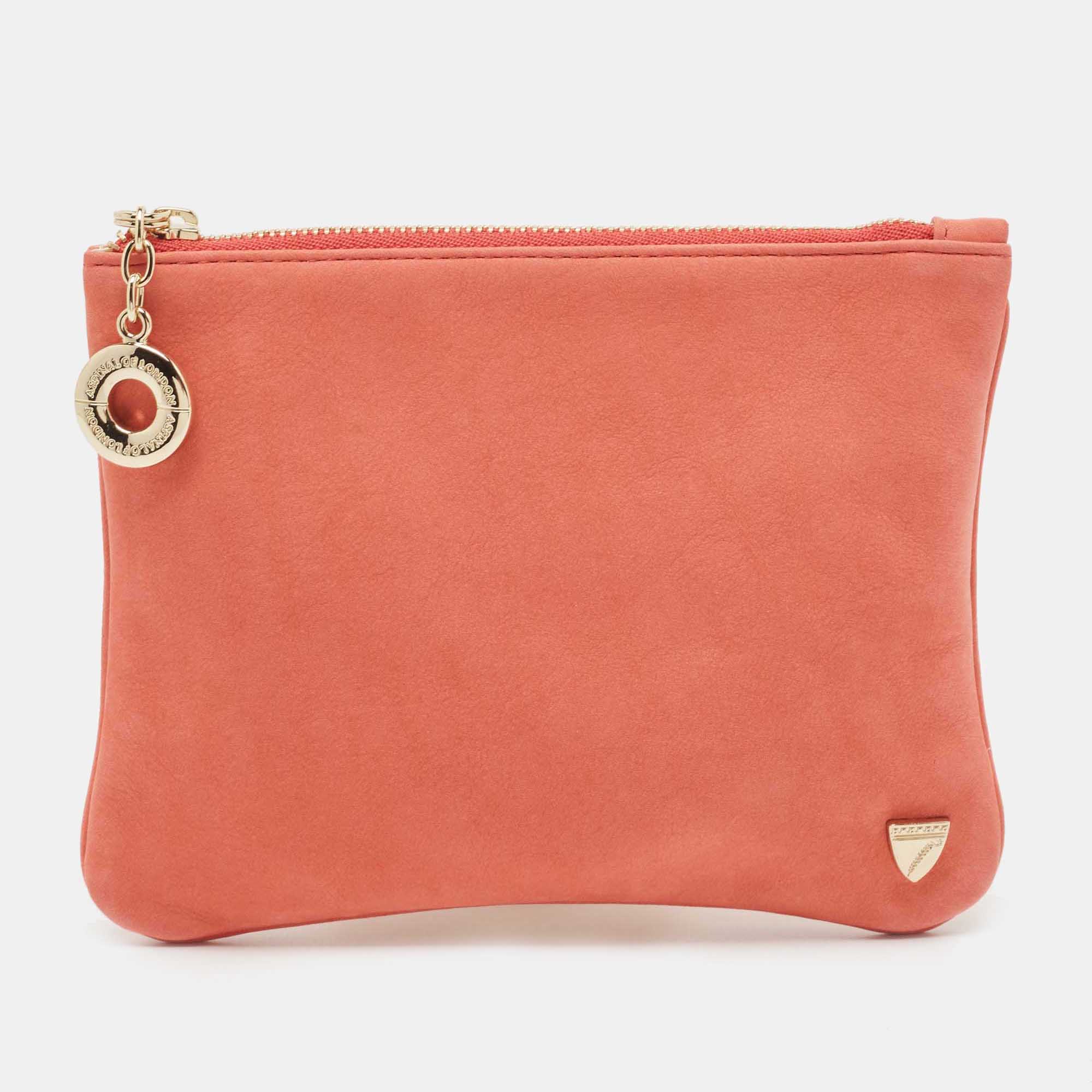 aspinal of london peach nubuck leather zip pouch