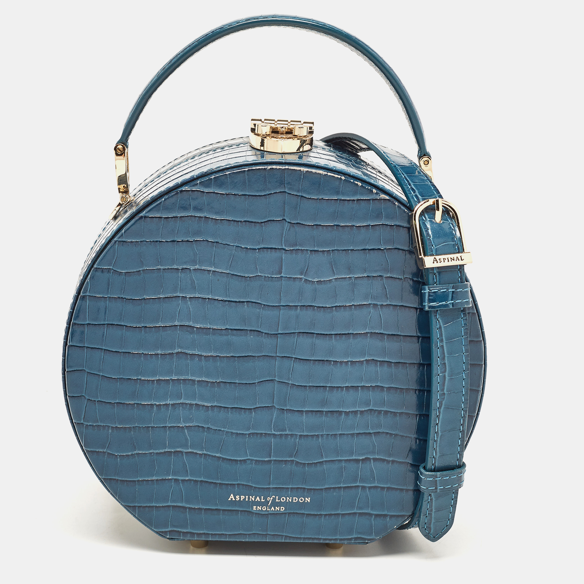 aspinal of london teal blue croc embossed leather hat box shoulder bag