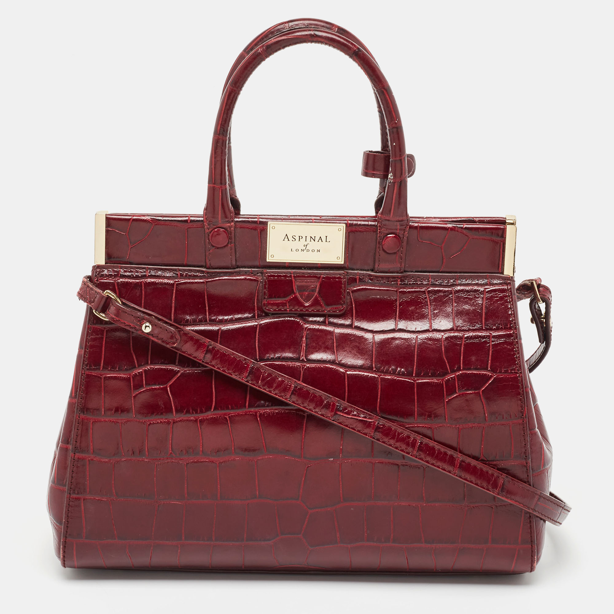 aspinal of london burgundy croc embossed leather small florence snap tote
