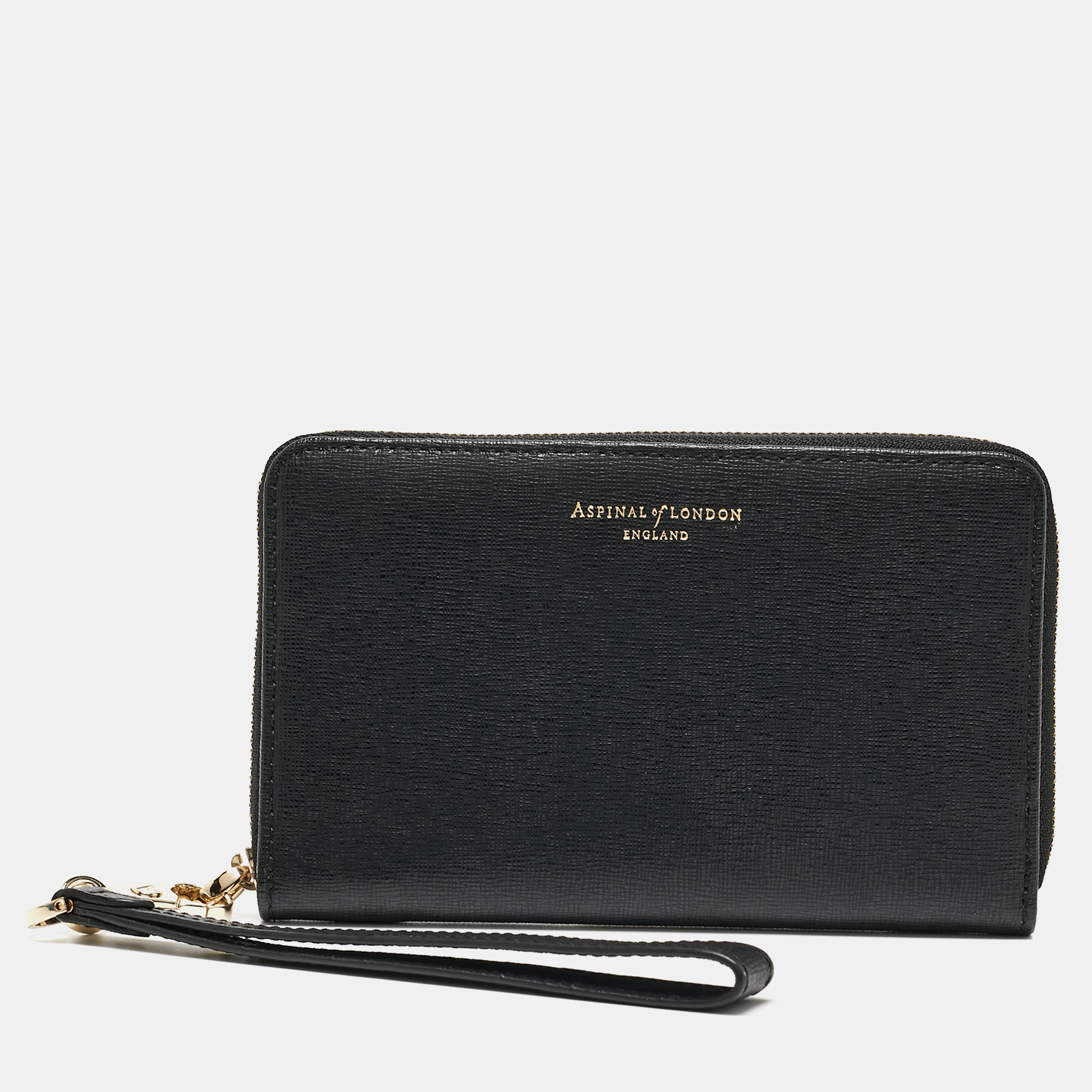 aspinal of london black leather zip around wristlet wallet
