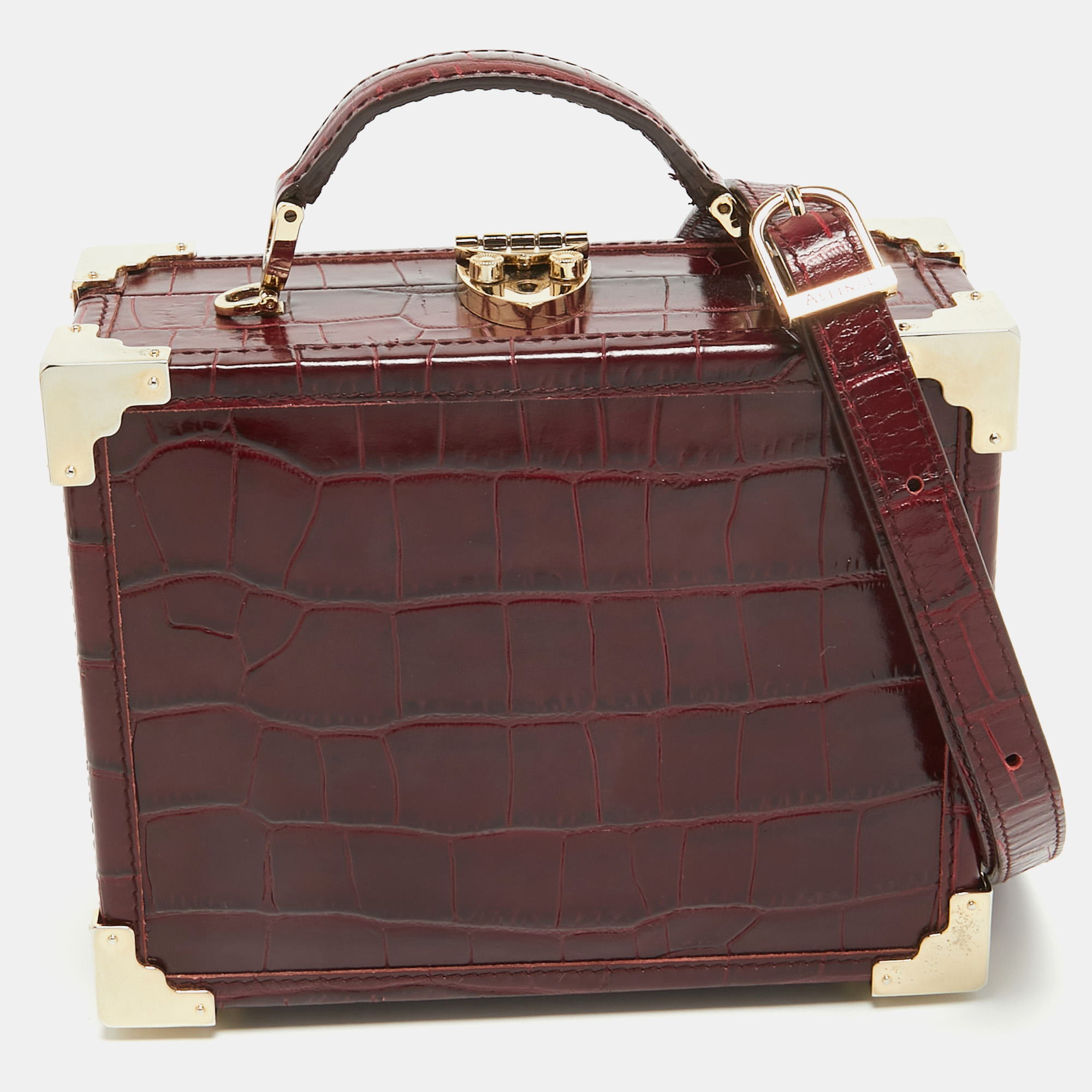 aspinal of london burgundy croc embossed leather mini trunk top handle bag