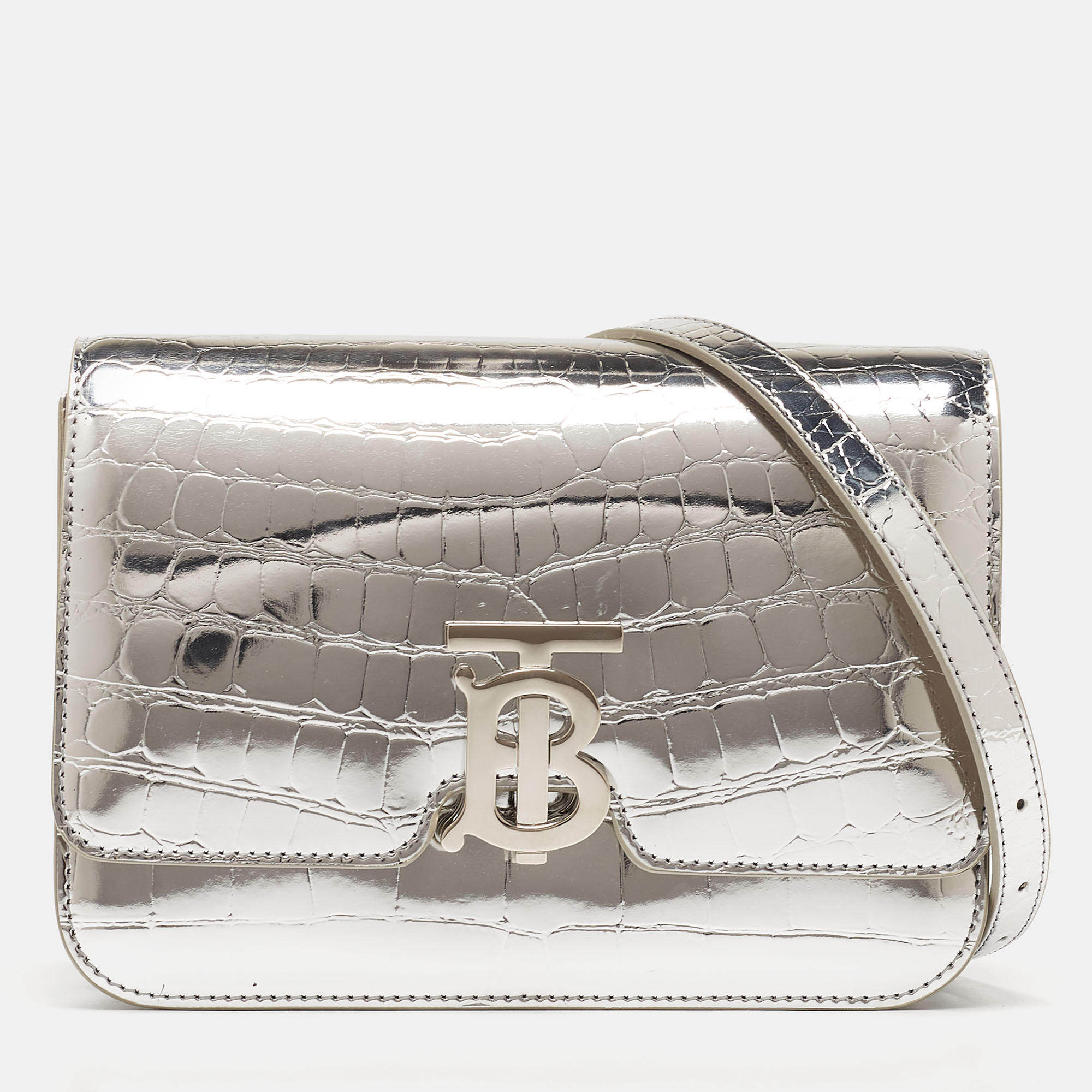 burberry silver laminated croc embossed leather tb flap shoulder bag