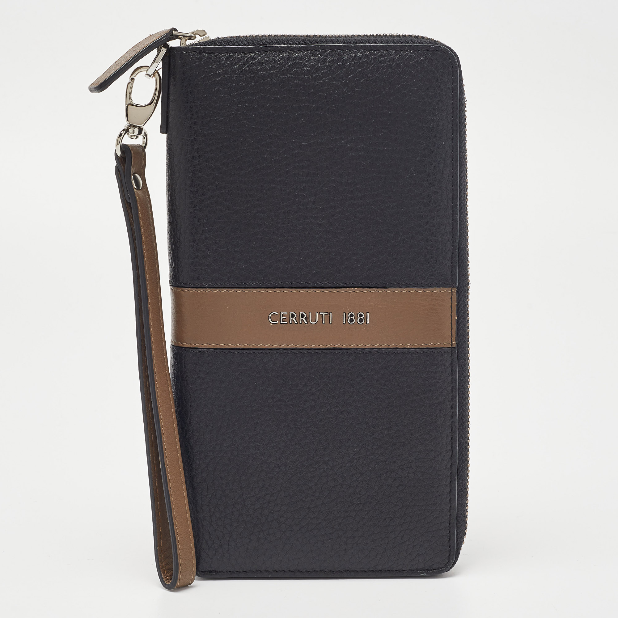 cerruti 1881 black/tan leather cerrutic zip around wristlet wallet