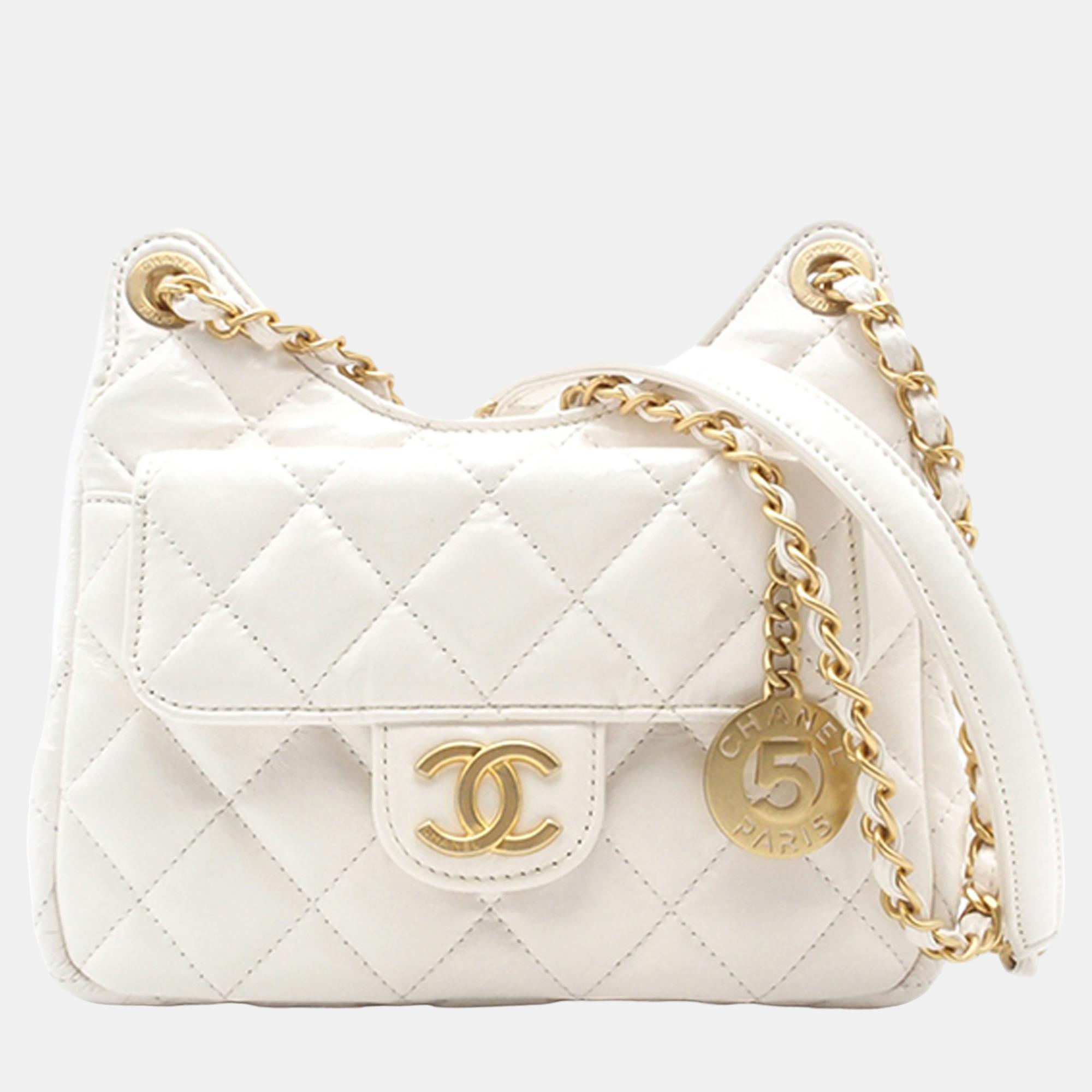 chanel white small cc crumpled calfskin wavy hobo