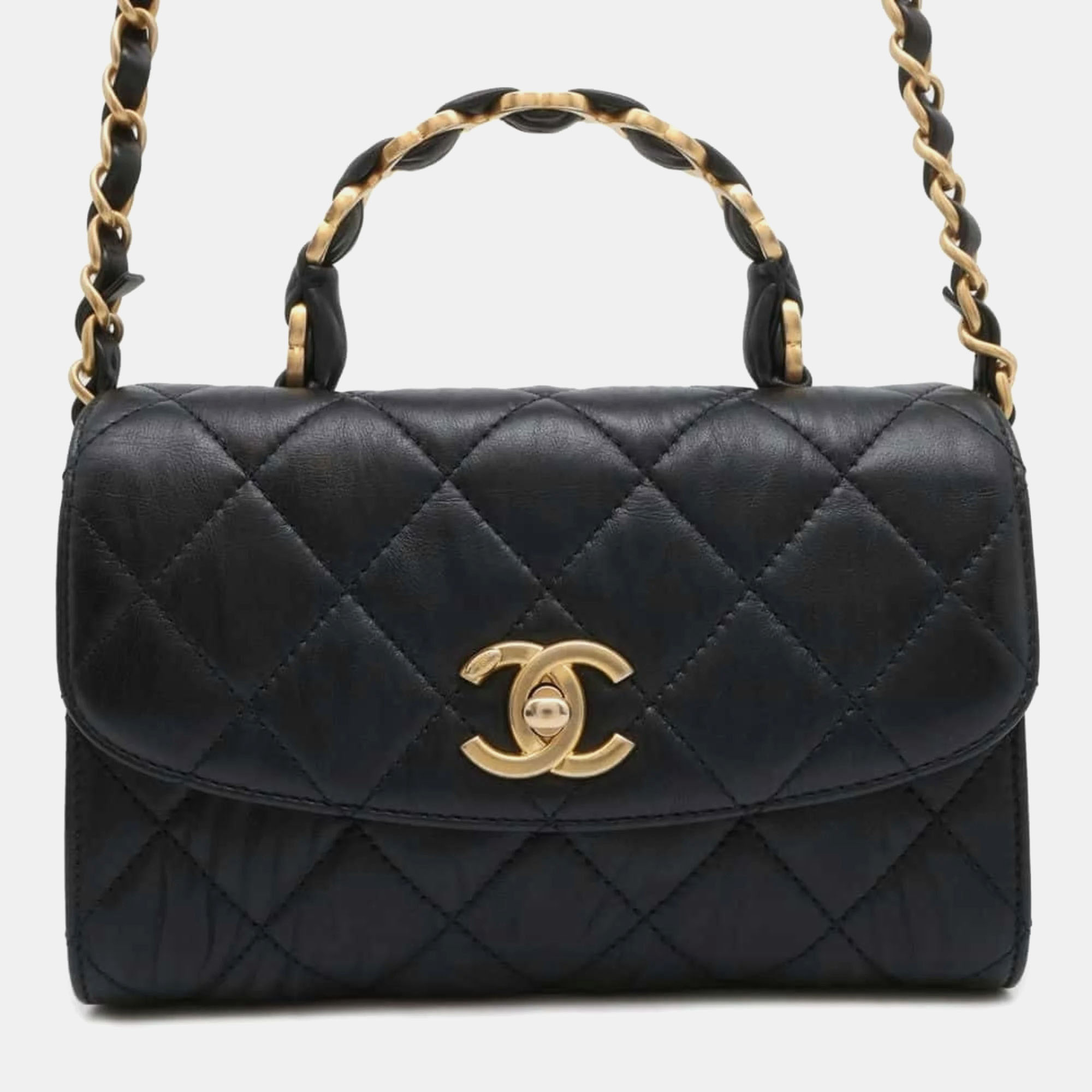 chanel black crumpled lambskin quilted mini cc links top handle flap bag