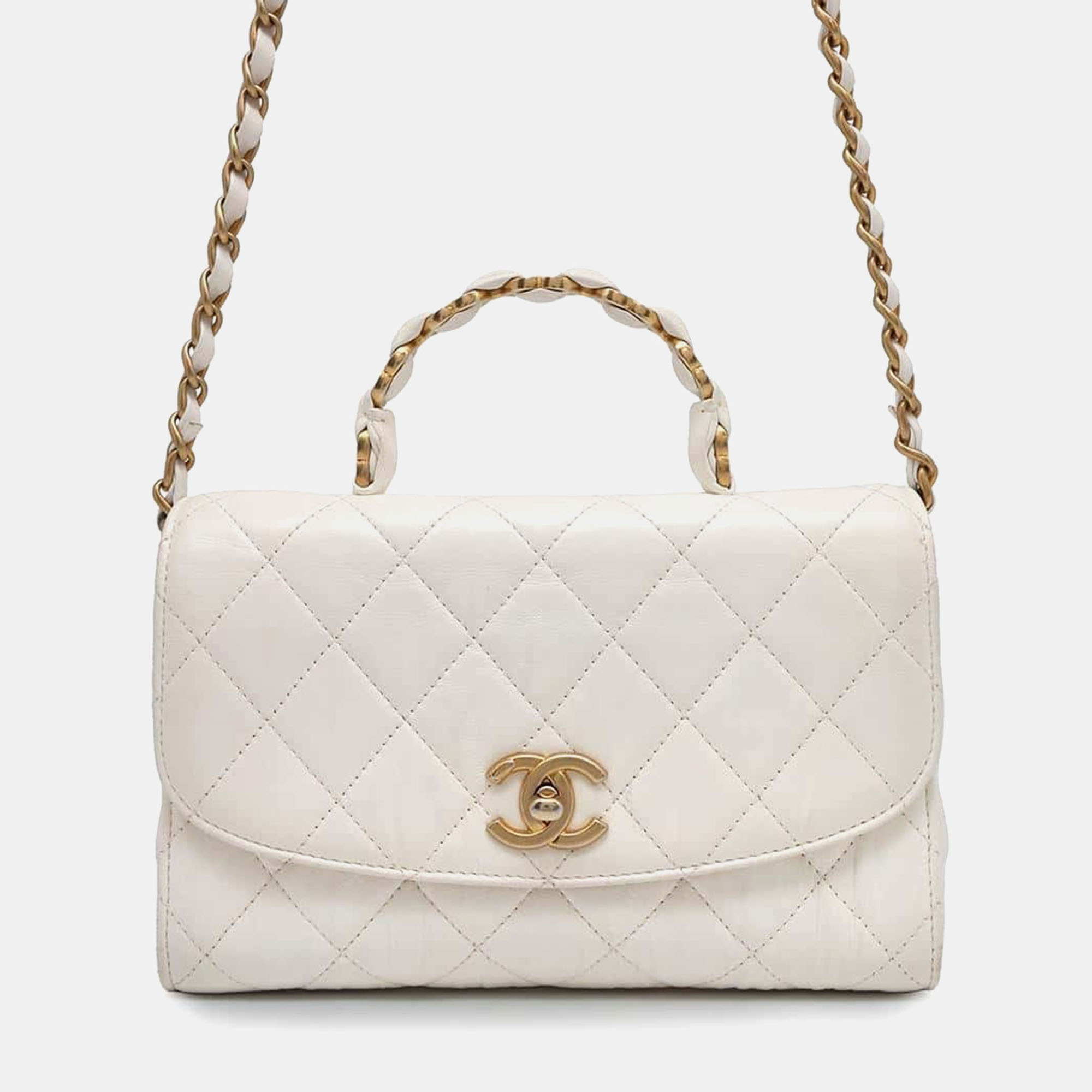 chanel white crumple lambskin matelasse top handle handbag