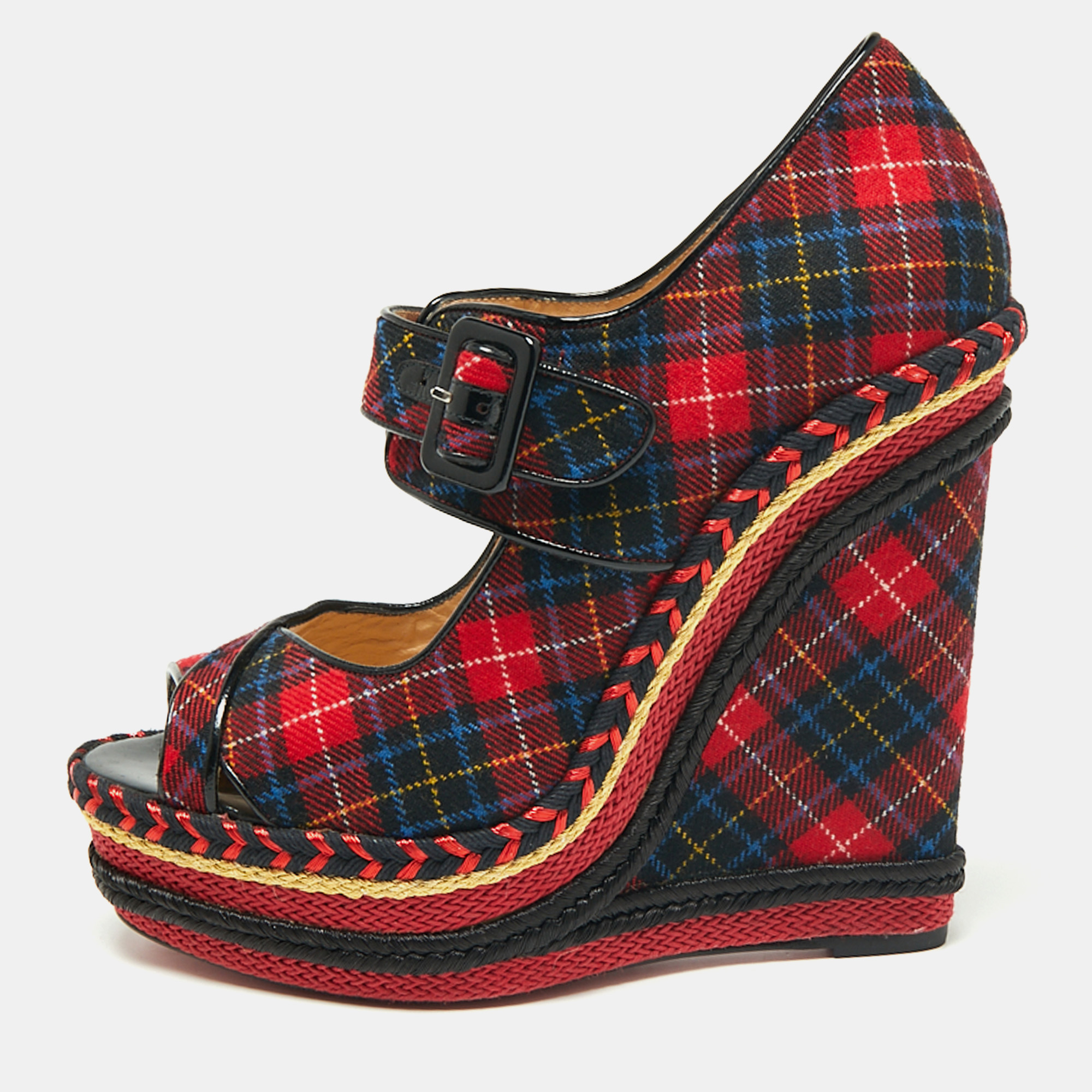 Christian Louboutin Multicolor Tartan Print Wool Blend Lady Daf Wedge Pumps Size 41