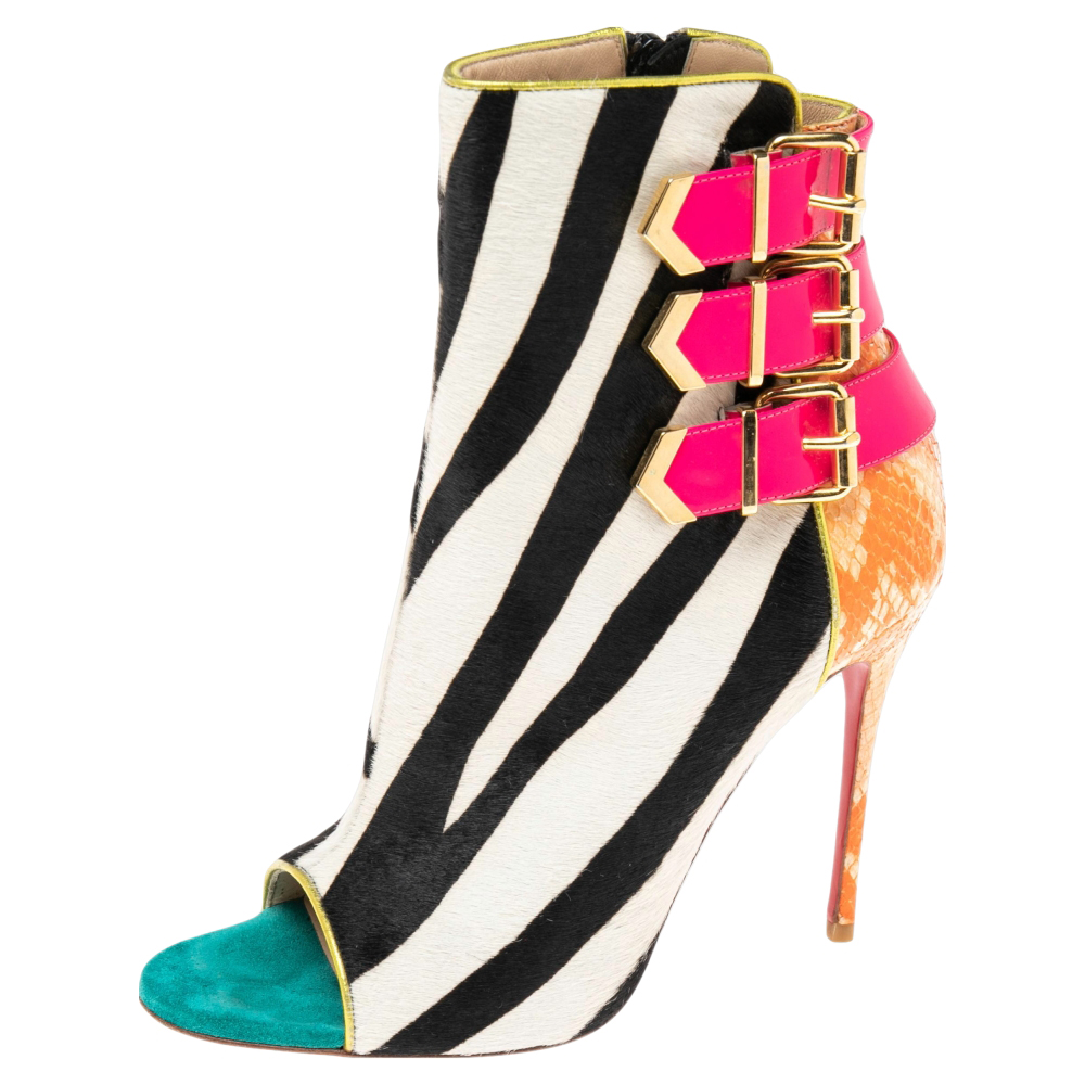 Christian Louboutin Multicolor Patent And Python Leather Zebra Print Calf Hair Triboclou Ankle Boots Size 37