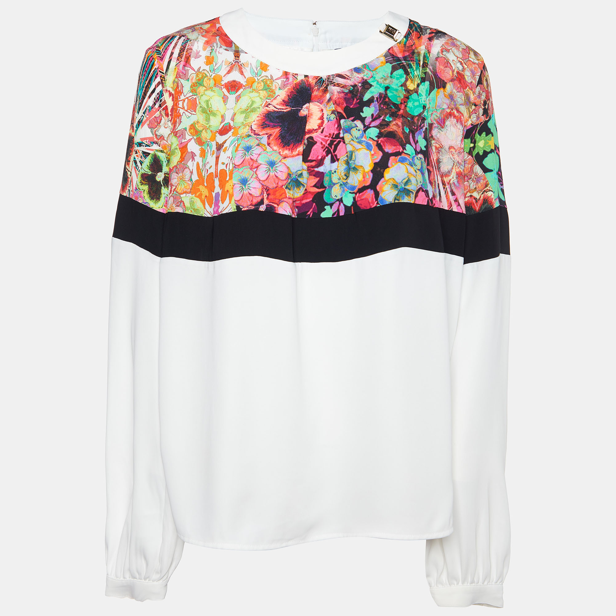 Cavalli Class White & Multicolor Printed Polyester Top L