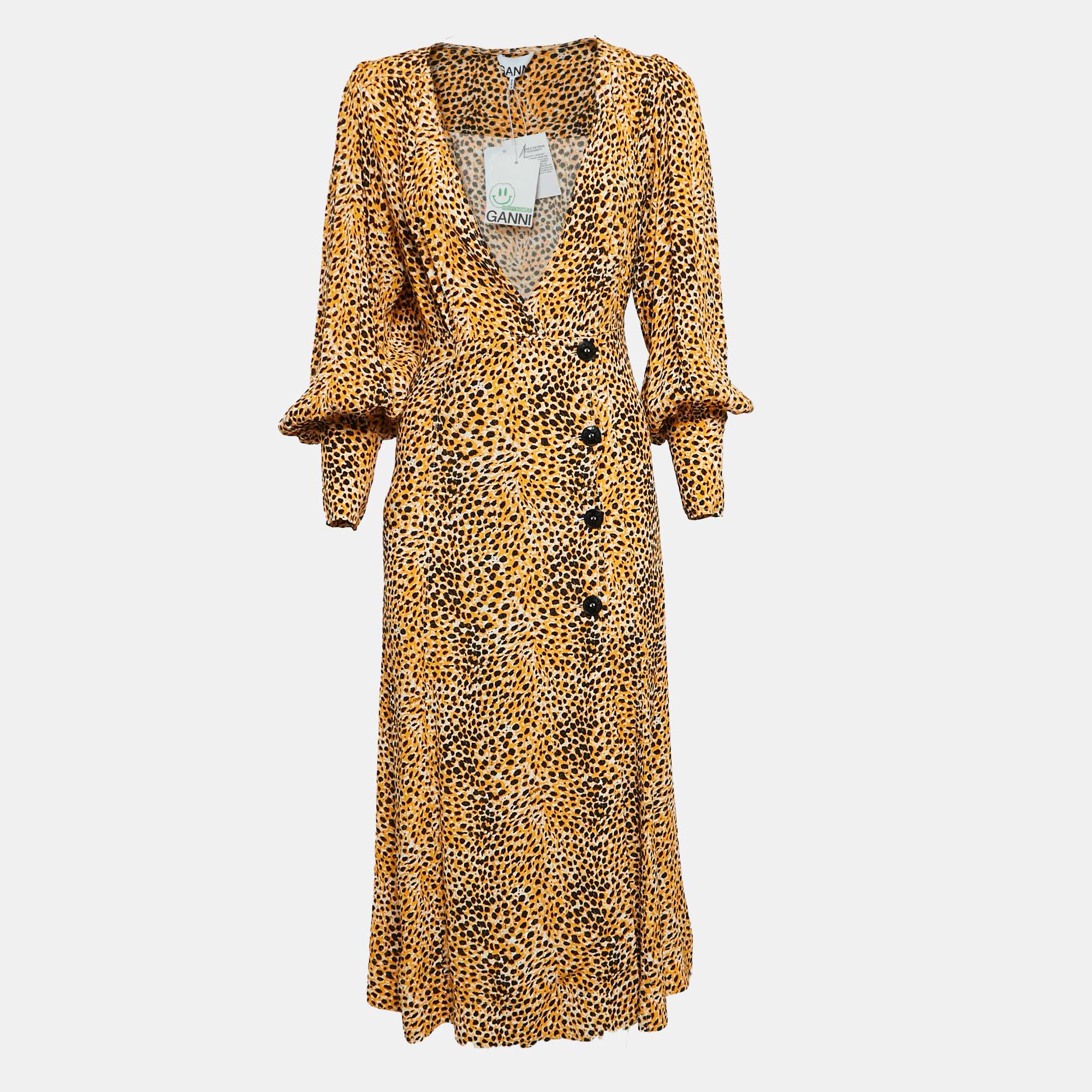 Ganni Yellow Leopard Print Crepe Buttoned Midi Dress S