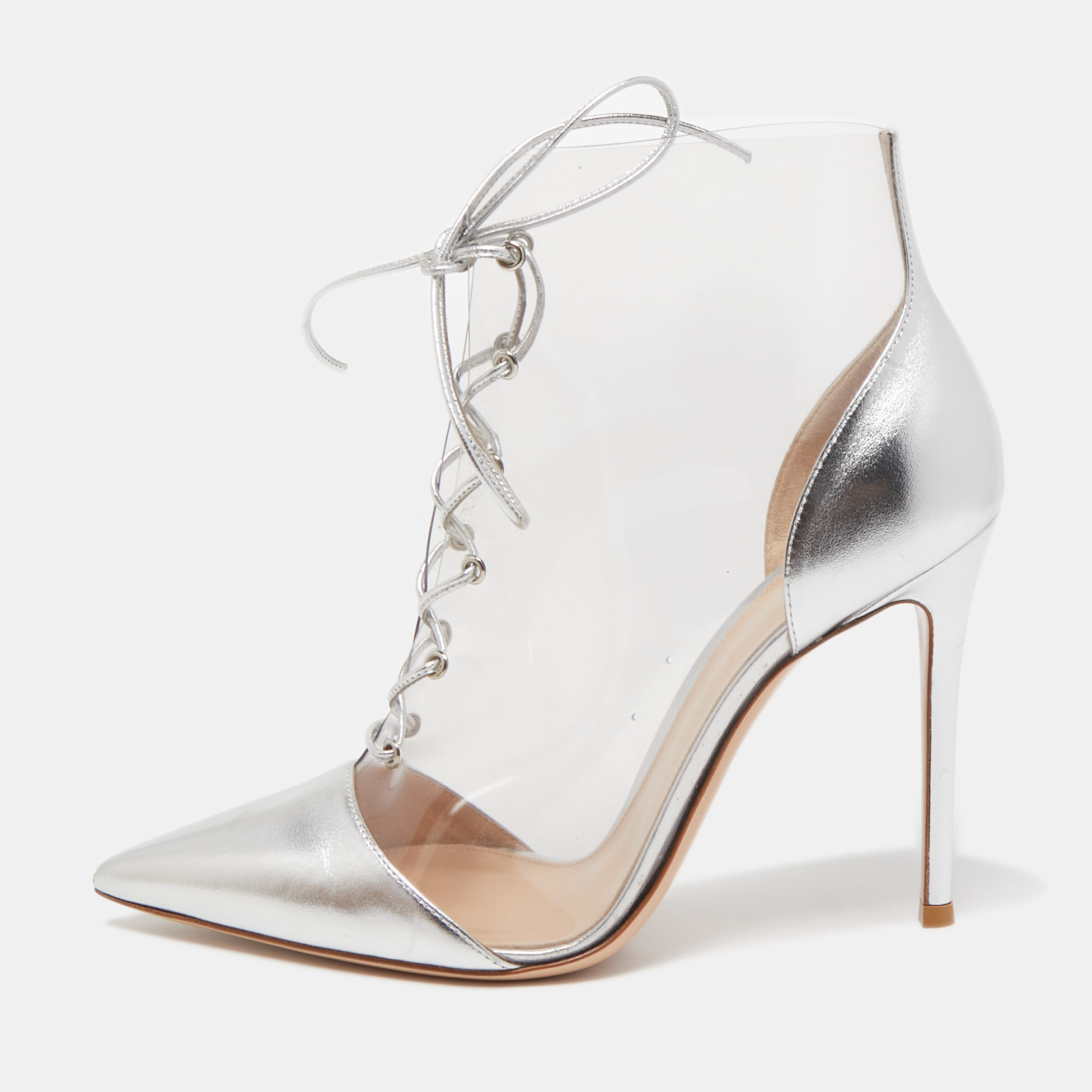 gianvito rossi transparent/silver pvc and foil leather plexi lace-up ankle booties size 40.5