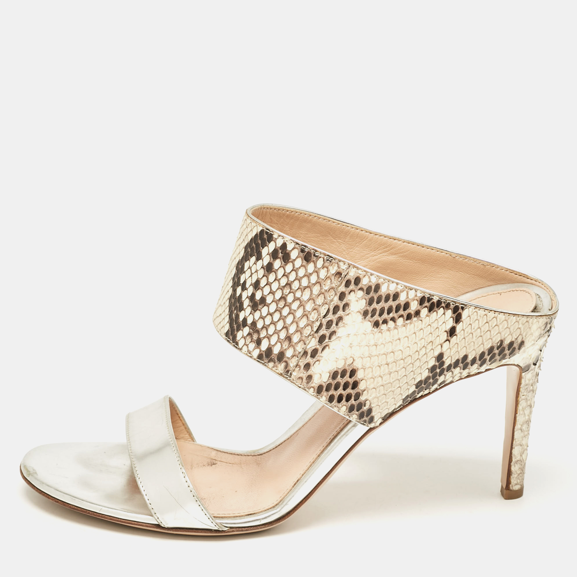 Gianvito Rossi Multicolor Python And Leather Open Toe Slide Sandals Size 37