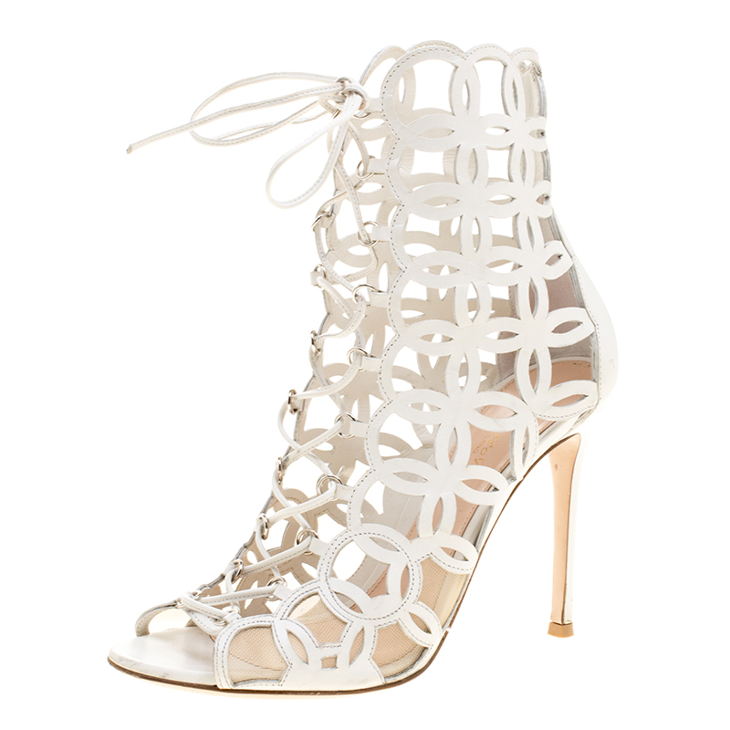 gianvito rossi white cutout leather lace up peep toe sandals size 37