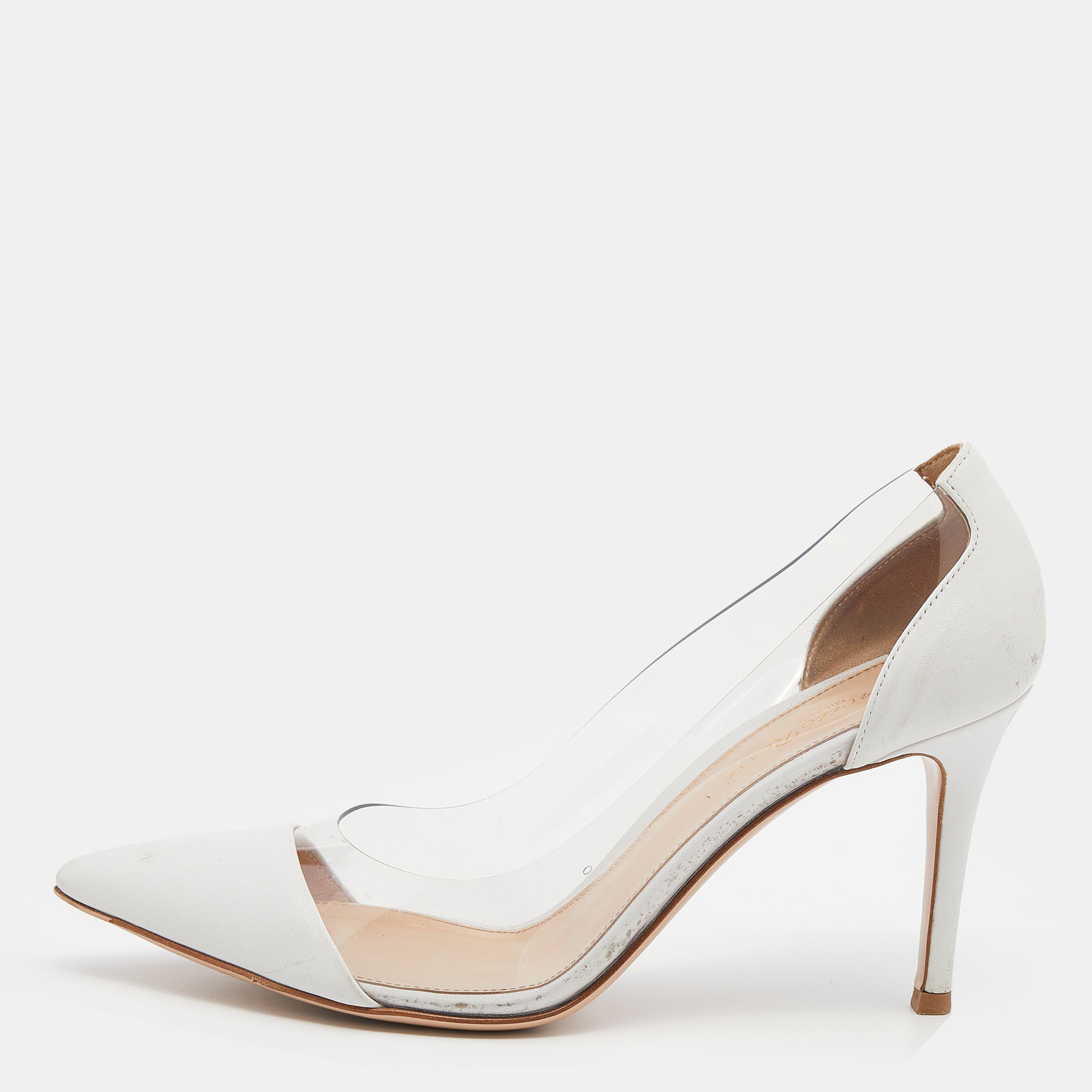 gianvito rossi white leather and pvc plexi pointed toe pumps size 37