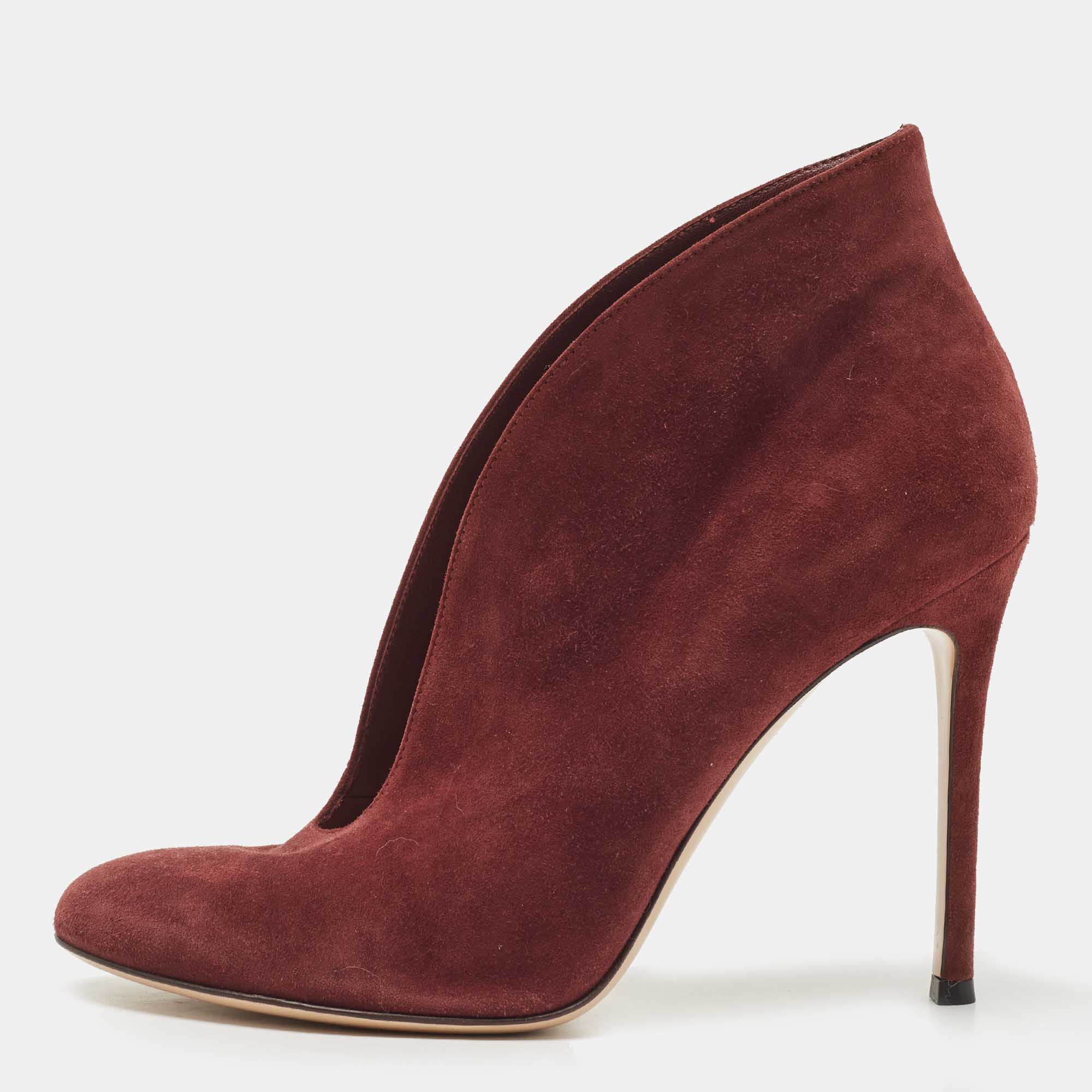gianvito rossi burgundy suede vamp ankle length boots size 38.5