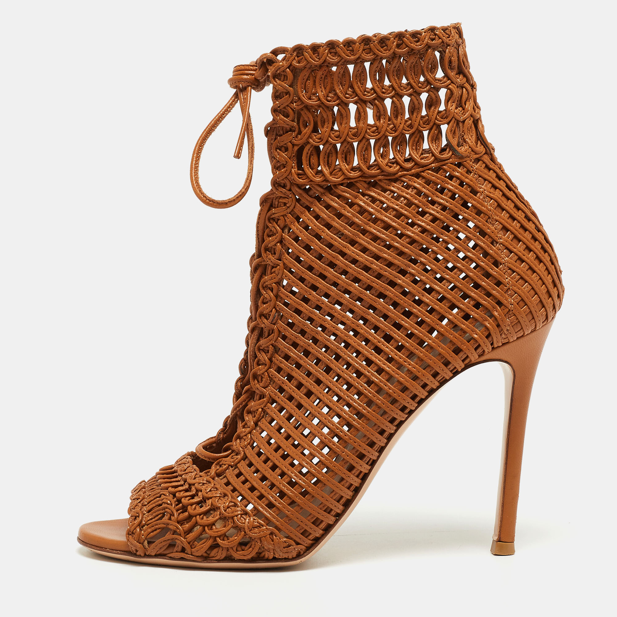 gianvito rossi tan woven leather marnie ankle booties size 36.5