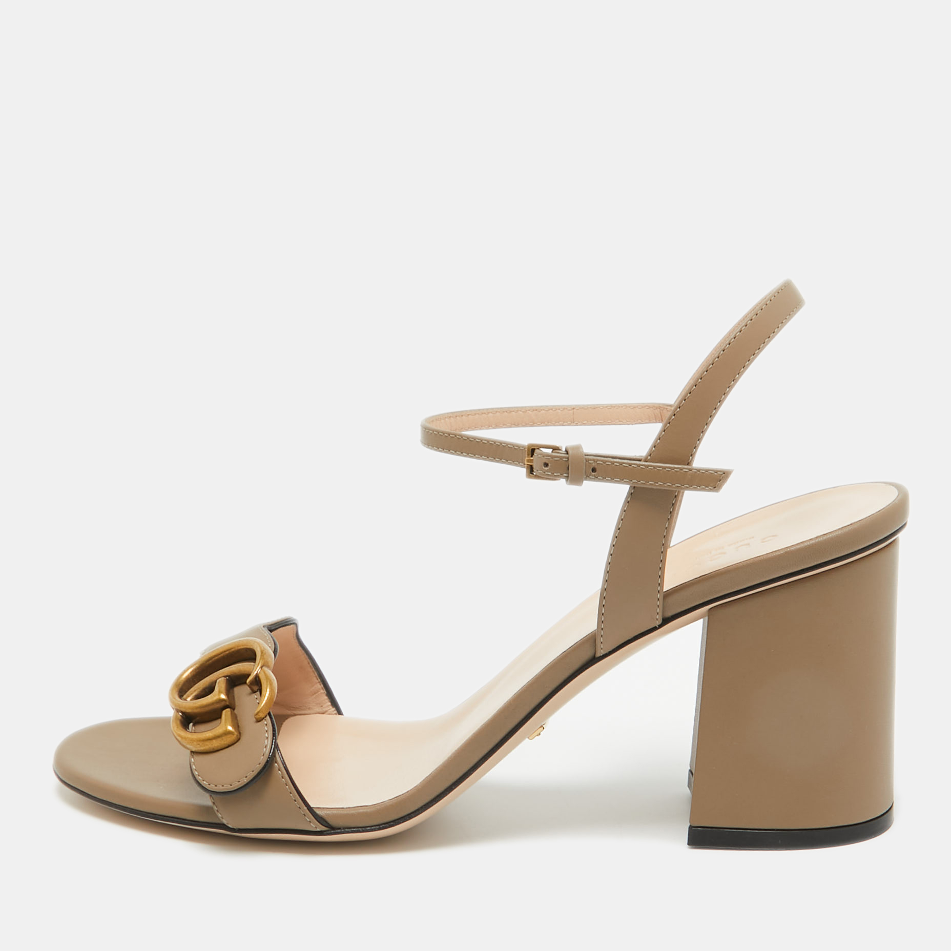 Gucci Beige Leather Gg Marmont Block Heel Ankle Strap Sandals 40.5
