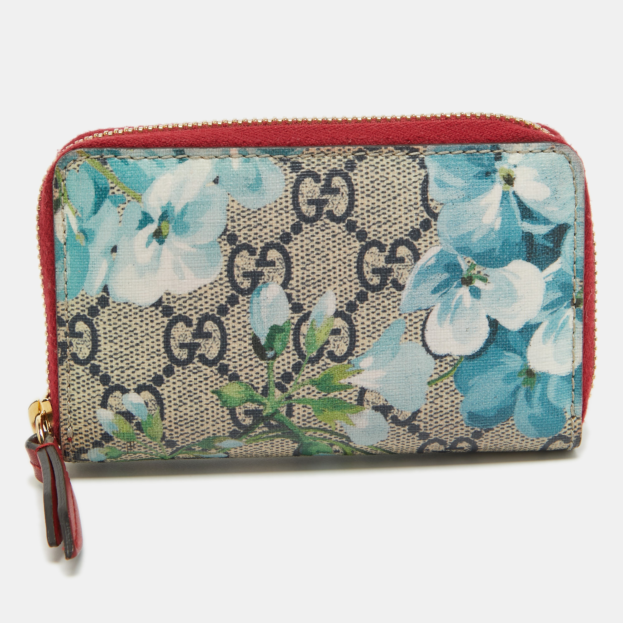 gucci blue/beige gg supreme canvas blooms zip card case