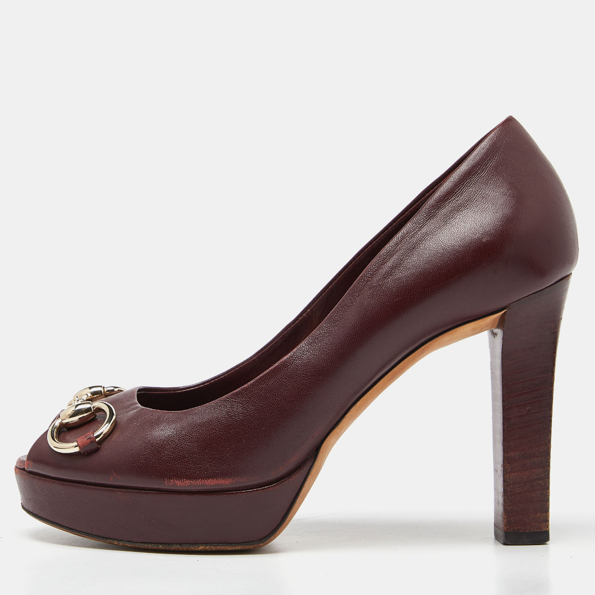 gucci burgundy leather horsebit peep toe platform pumps size 37