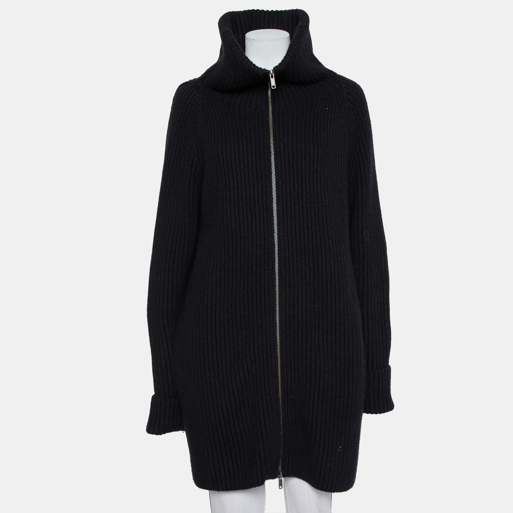 haider ackermann black wool knit collared zip front oversized long cardigan xxs