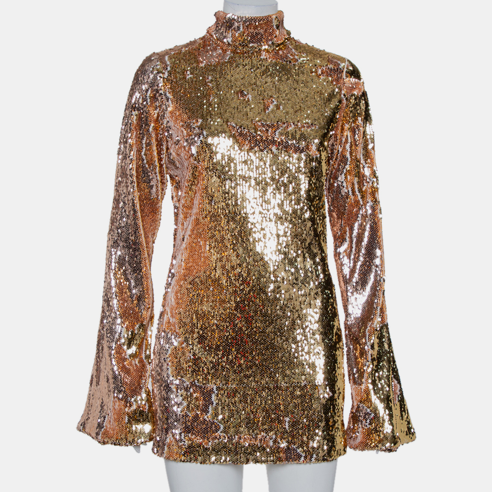 halpern gold sequin embellished knit bell sleeve detail mini dress s