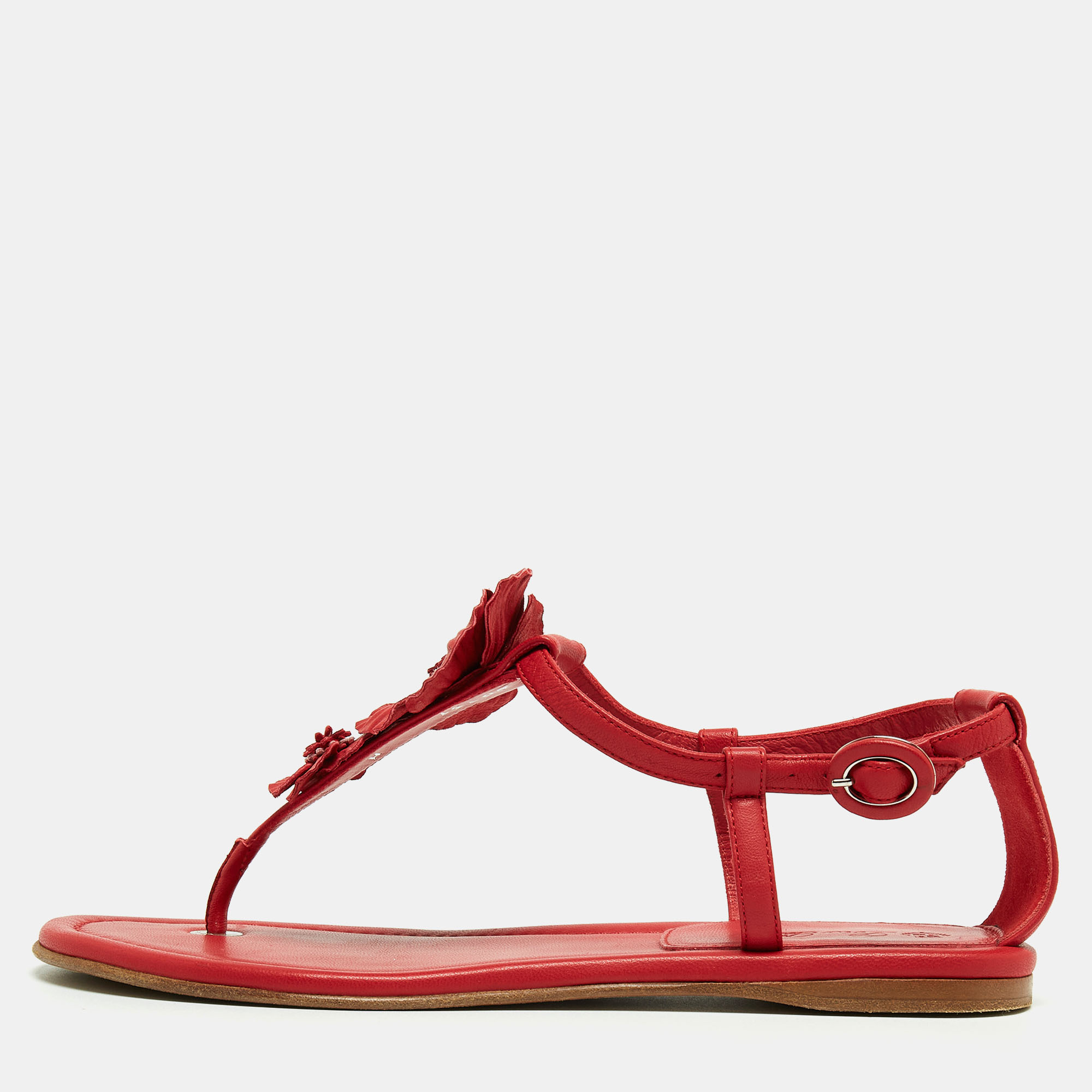 Loro Piana Red Leather Floral Applique Ankle Strap Flat Sandals Size 37