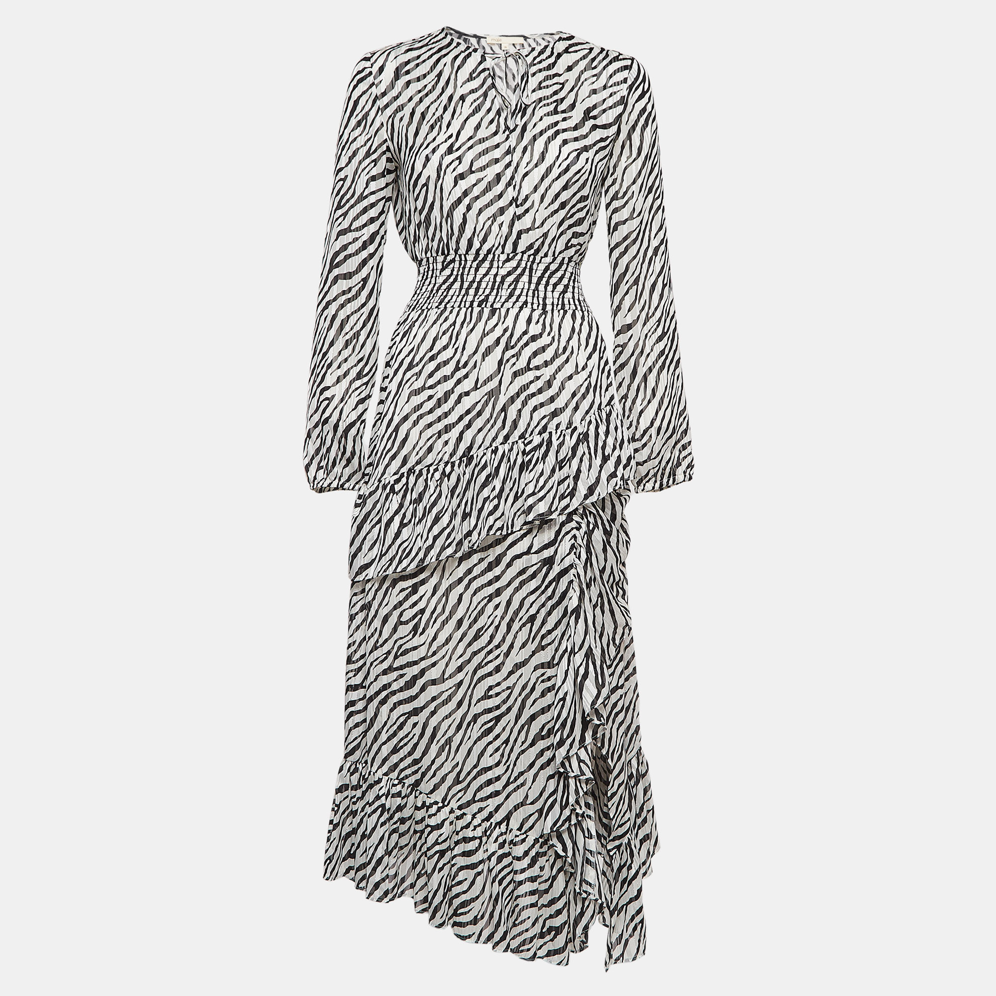 Maje Black/White Zebra Print Lurex Crepe Ruffled Maxi Dress S