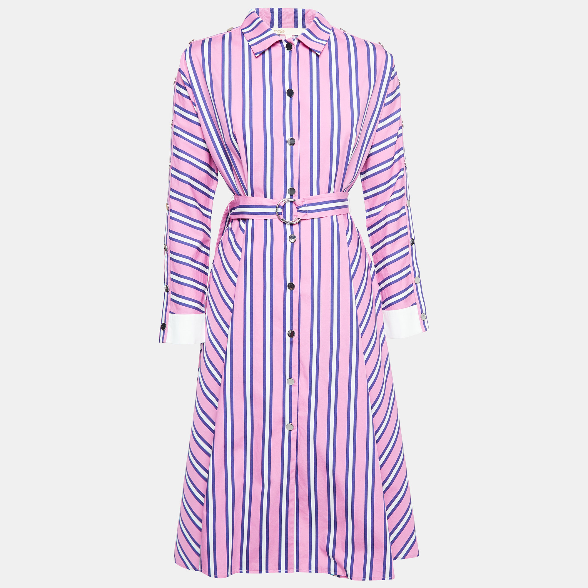 Maje Pink Stripe Cotton Button Front Belted Midi Dress S