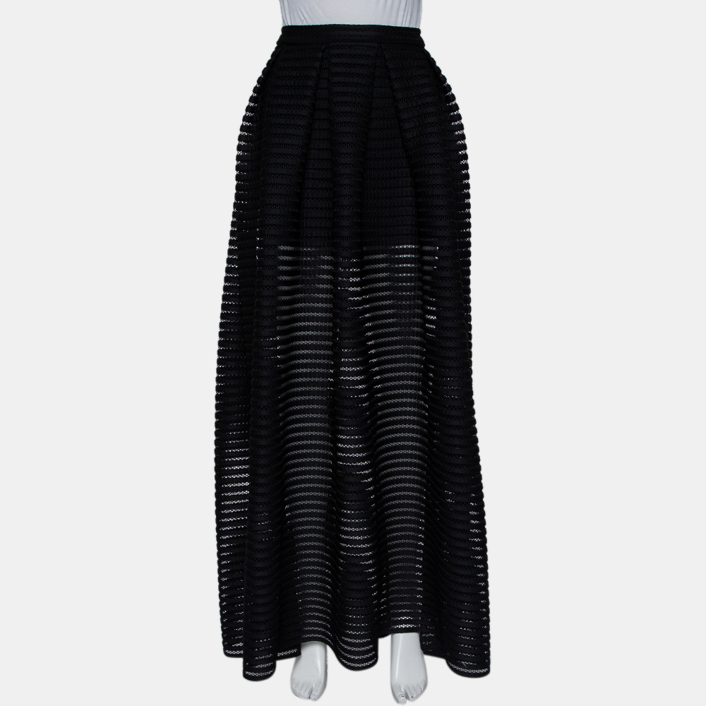 maje black perforated mesh pleated maxi skirt m