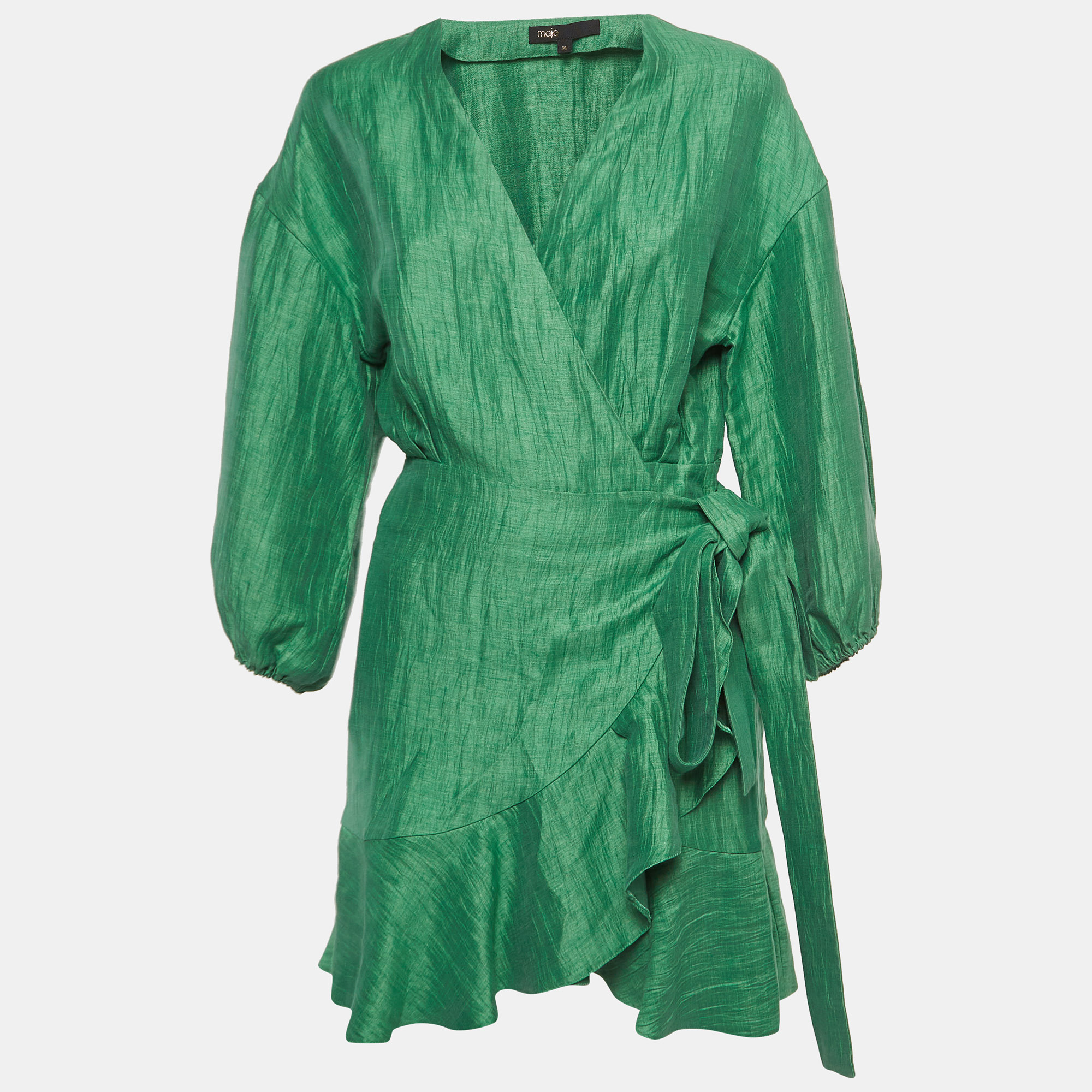 maje green linen ruffled mini wrap dress xs