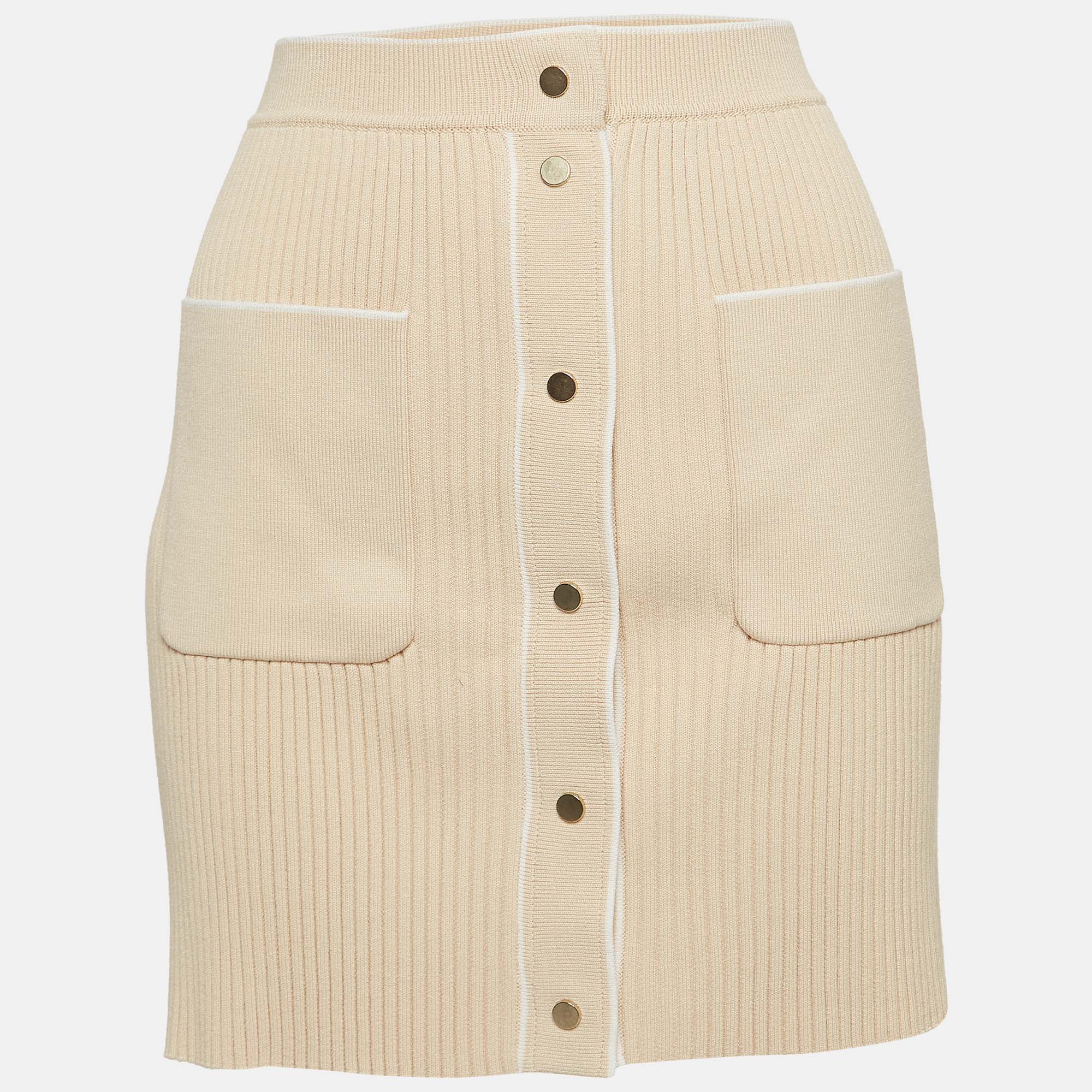 maje beige ribbed knit buttoned mini skirt m