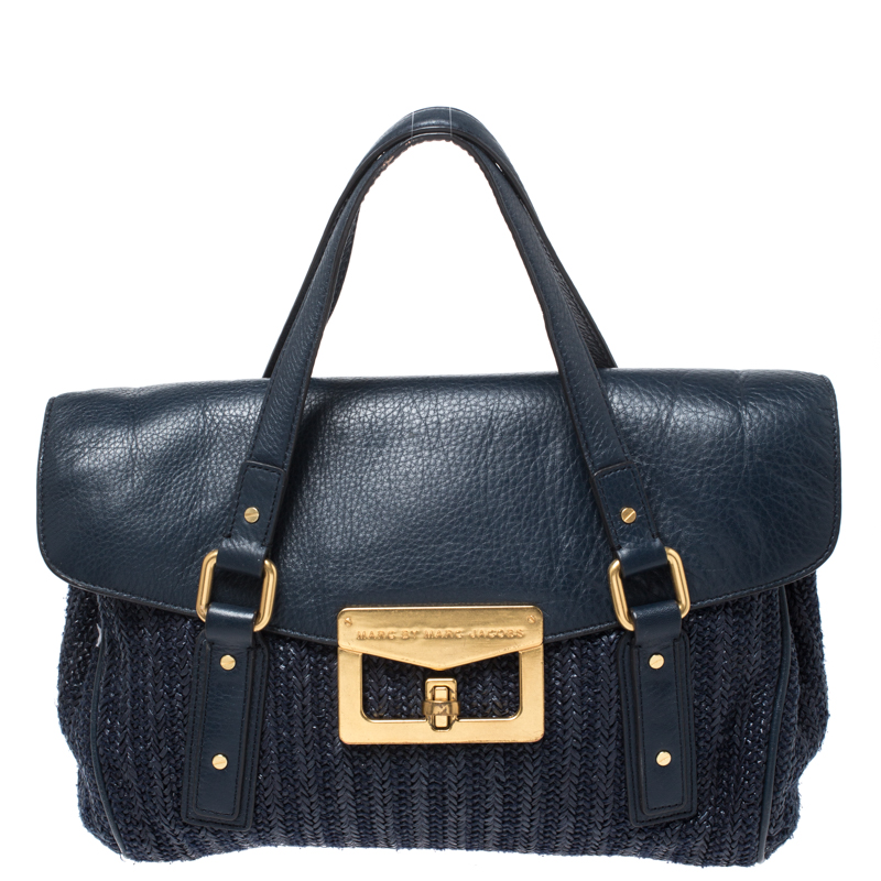 marc by marc jacobs blue straw and leather flap satchel