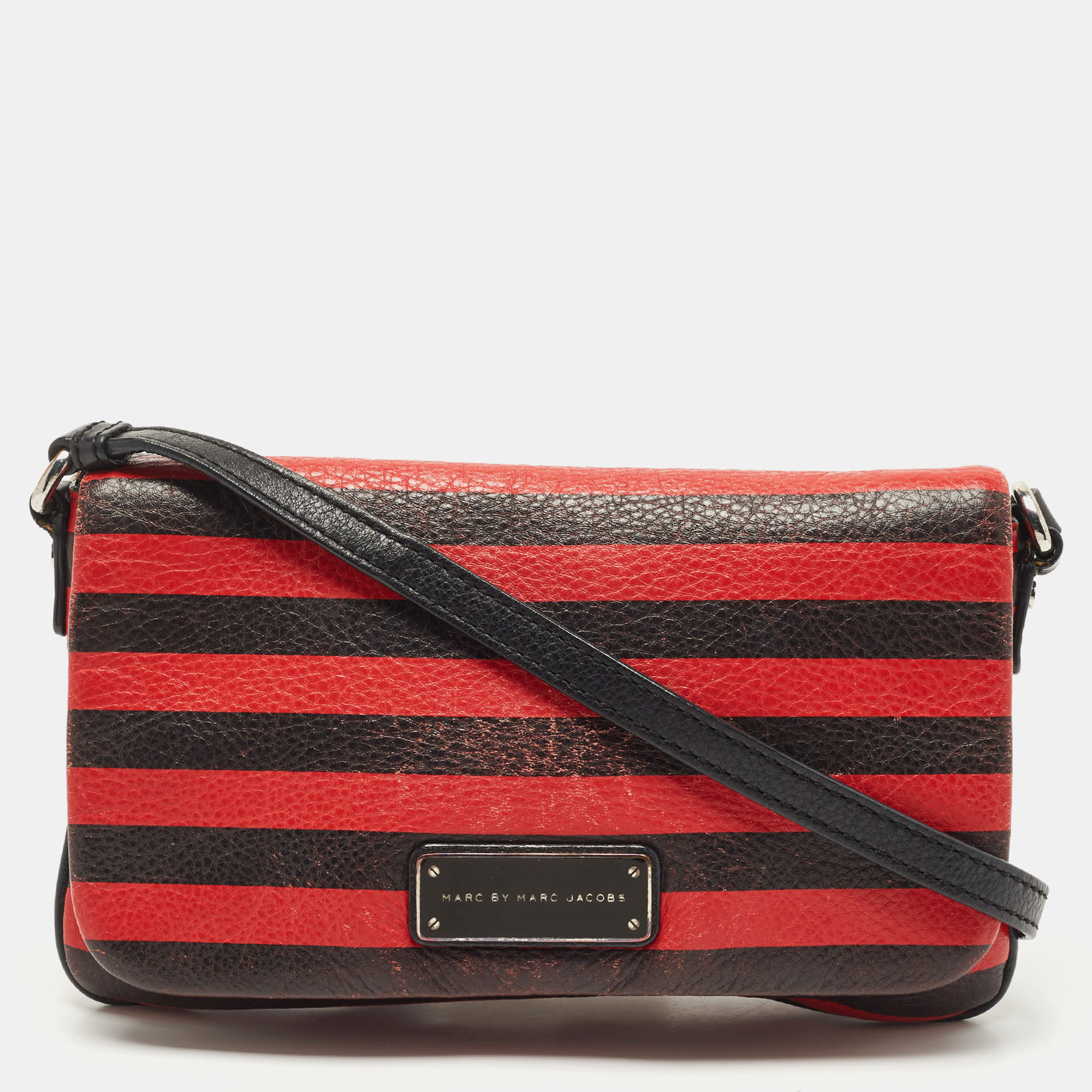 marc by marc jacobs red/black stripe leather percy flap crossbody bag